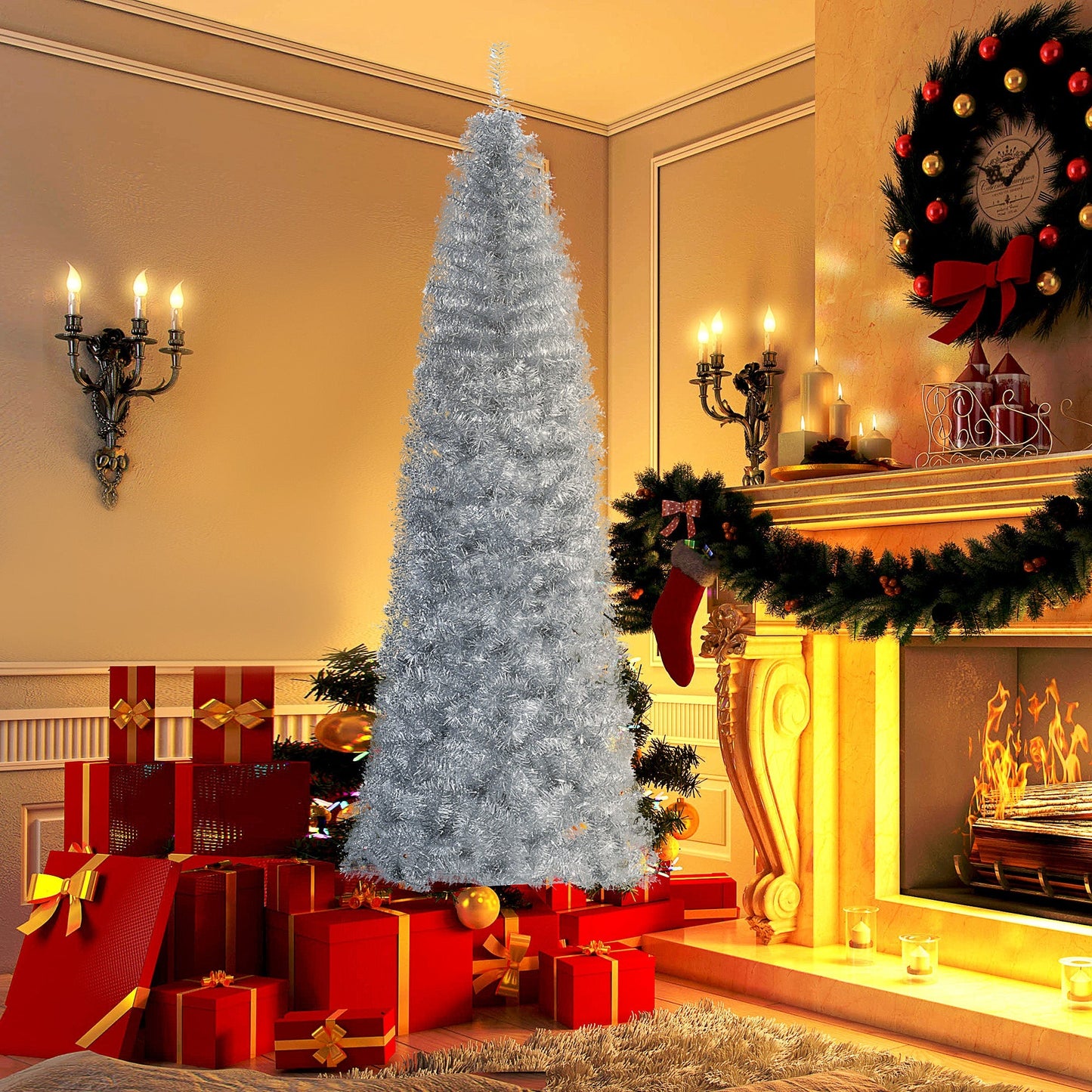 High and narrow artificial Christmas tree with removable base 210cm - silver - Borgè