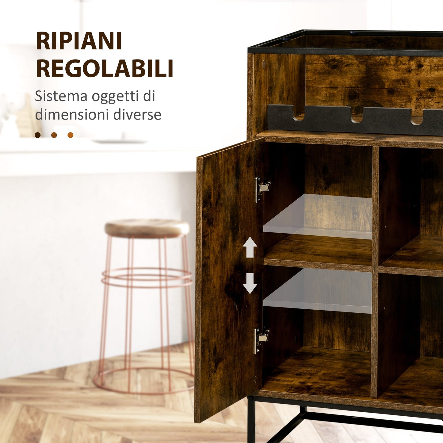 Multiuse Mobile with Portabottili, open rooms and industrial style cabinet, 60x40x100cm, brown - Borgè