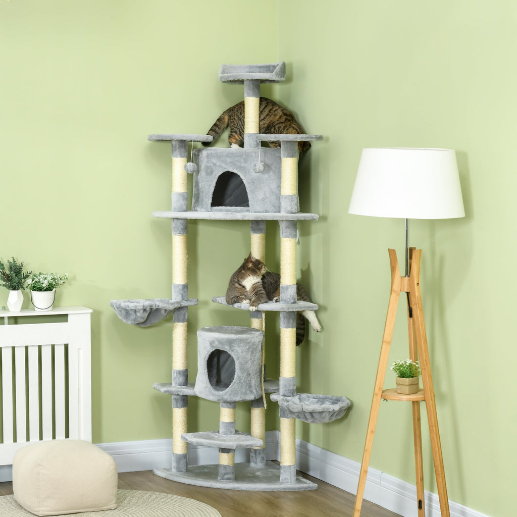 Cat Tree for cats with Scratch Pole, with houses and hammocks, 60x60x200cm, light Grey - Borgè