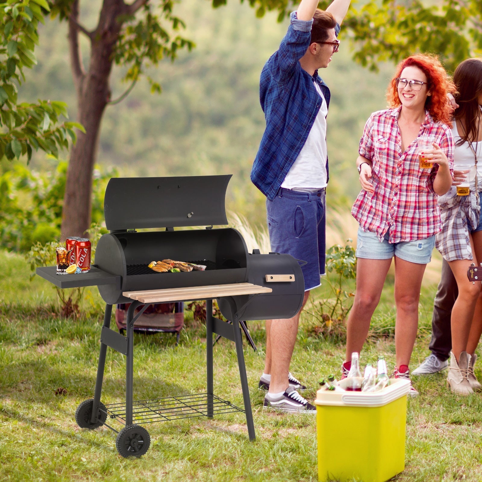 Charcoal Barbecue with Lid and Smoker, Garden BBQ with Shelves and Wheels 124x53x104 cm, Black - Borge' Group Limited