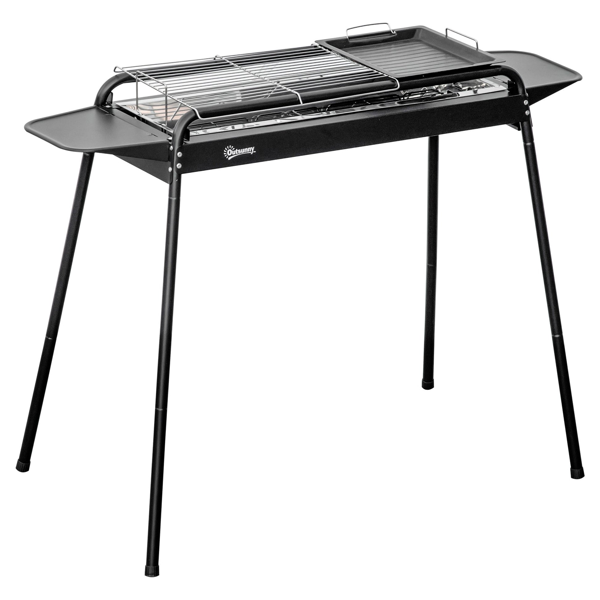 Black Charcoal Barbecue with Grill and Steel plate with Side Shelves - Borgè