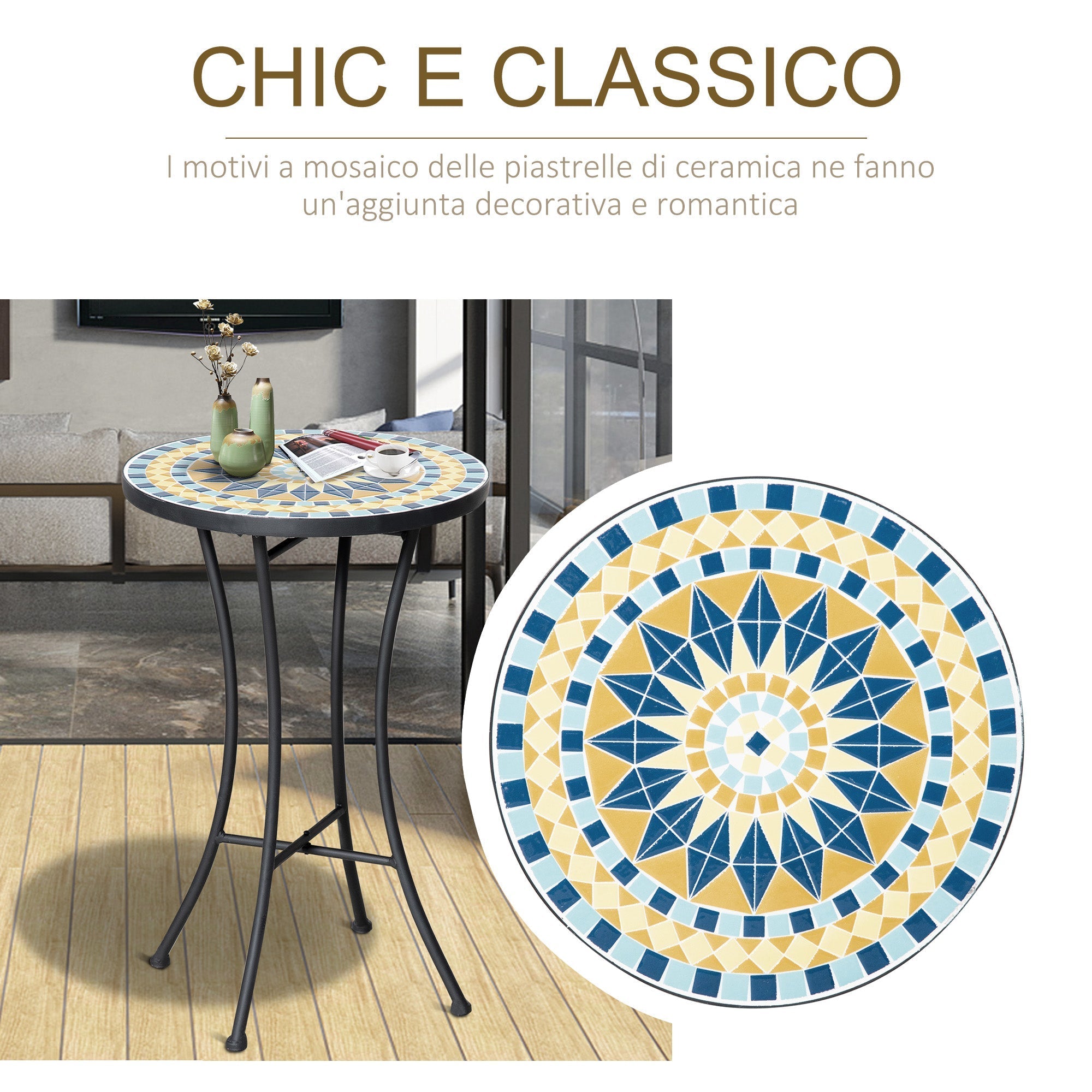 Metal Garden Coffee Table with Mosaic Top, Ф35.5x53.5cm - Borge' Group Limited