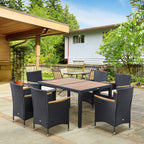 7-Piece Garden Table and Chair Set in PE Rattan and Wood with Soft Cushions, Black - Borge' Group Limited