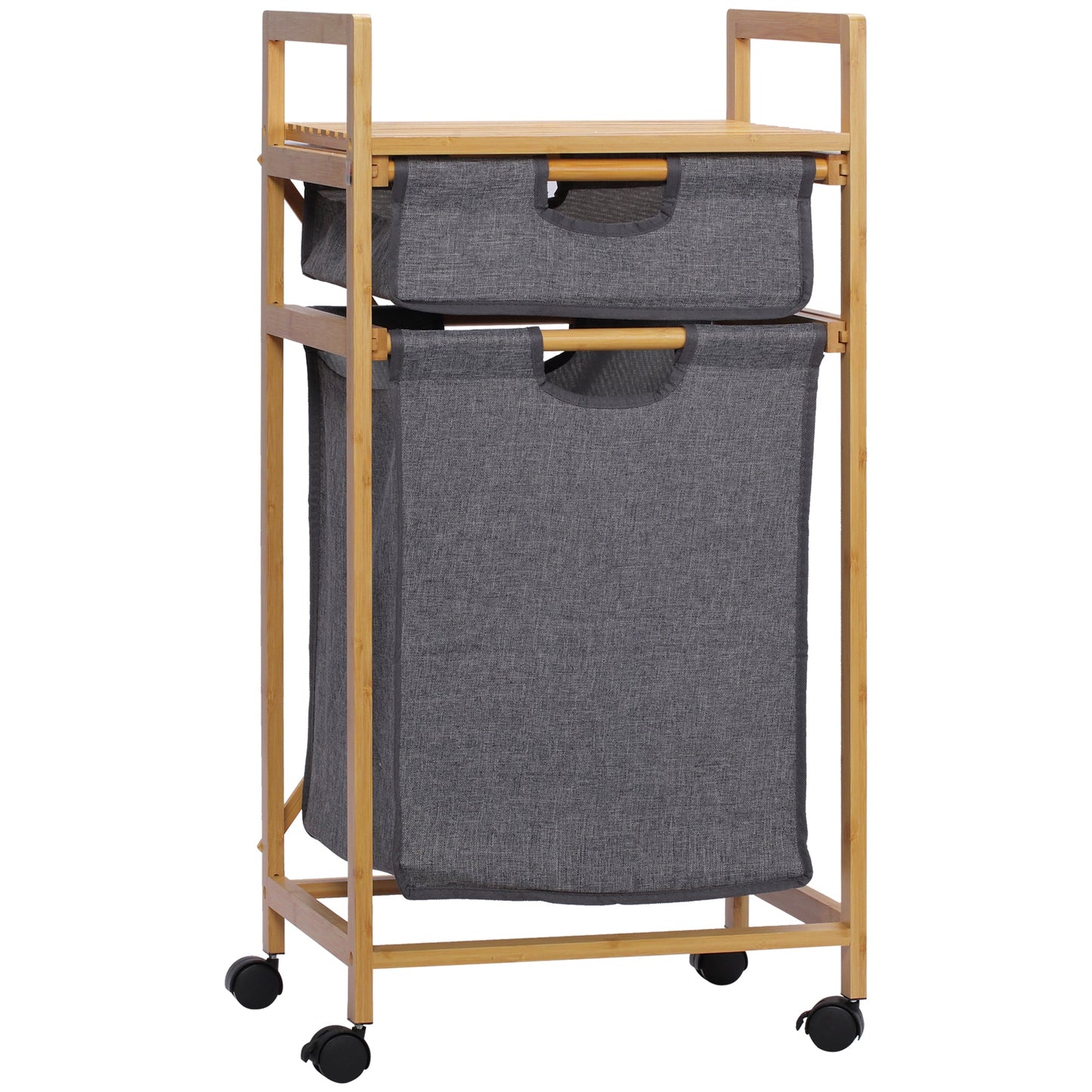 Clothes Basket with 2 Compartments and Wheels, Fabric Bags and Bamboo Structure, 42x35x84.5cm - Borgè