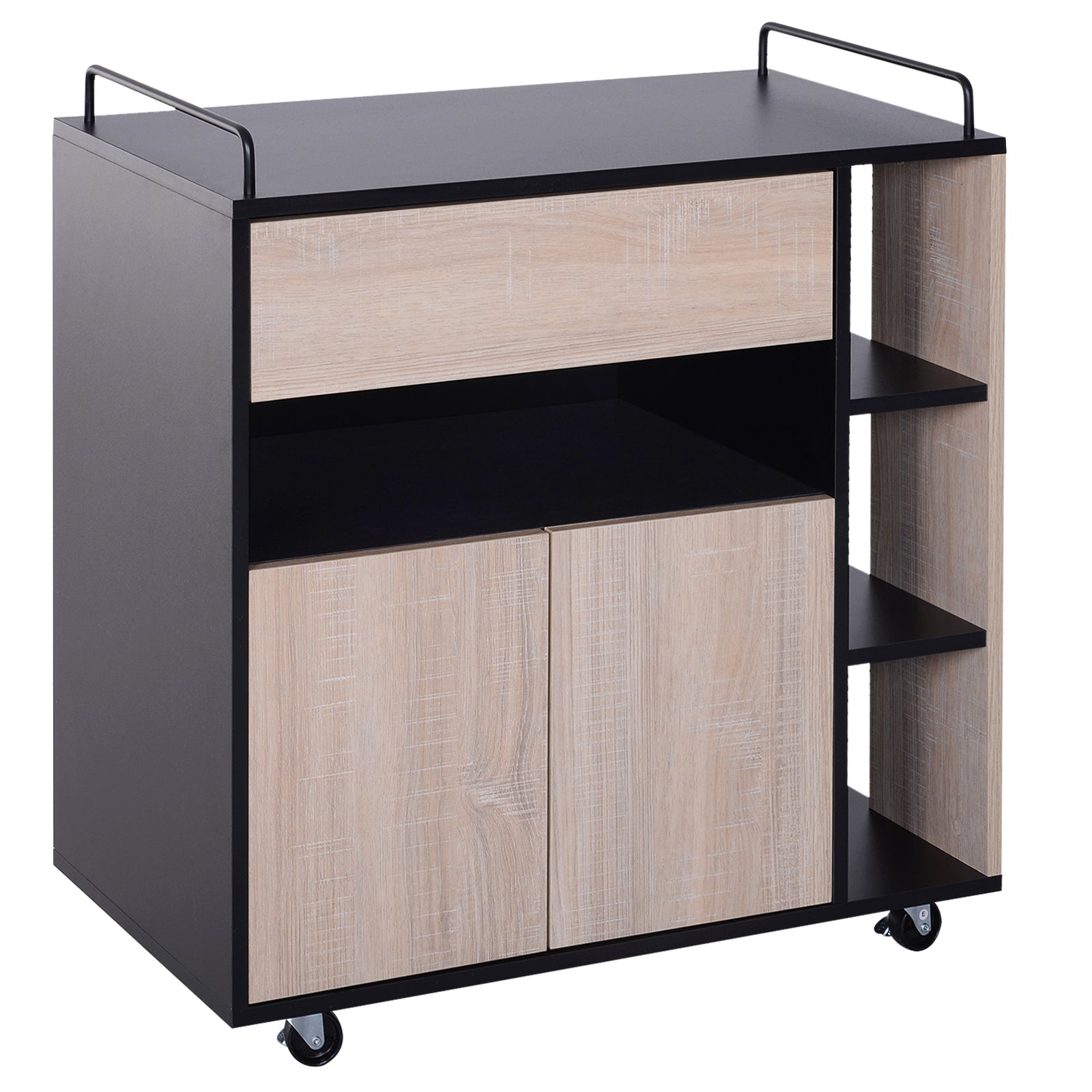 Kitchen Cabinet with drawers and wooden wheels, oak and black 76.5x40x82cm - Borgè