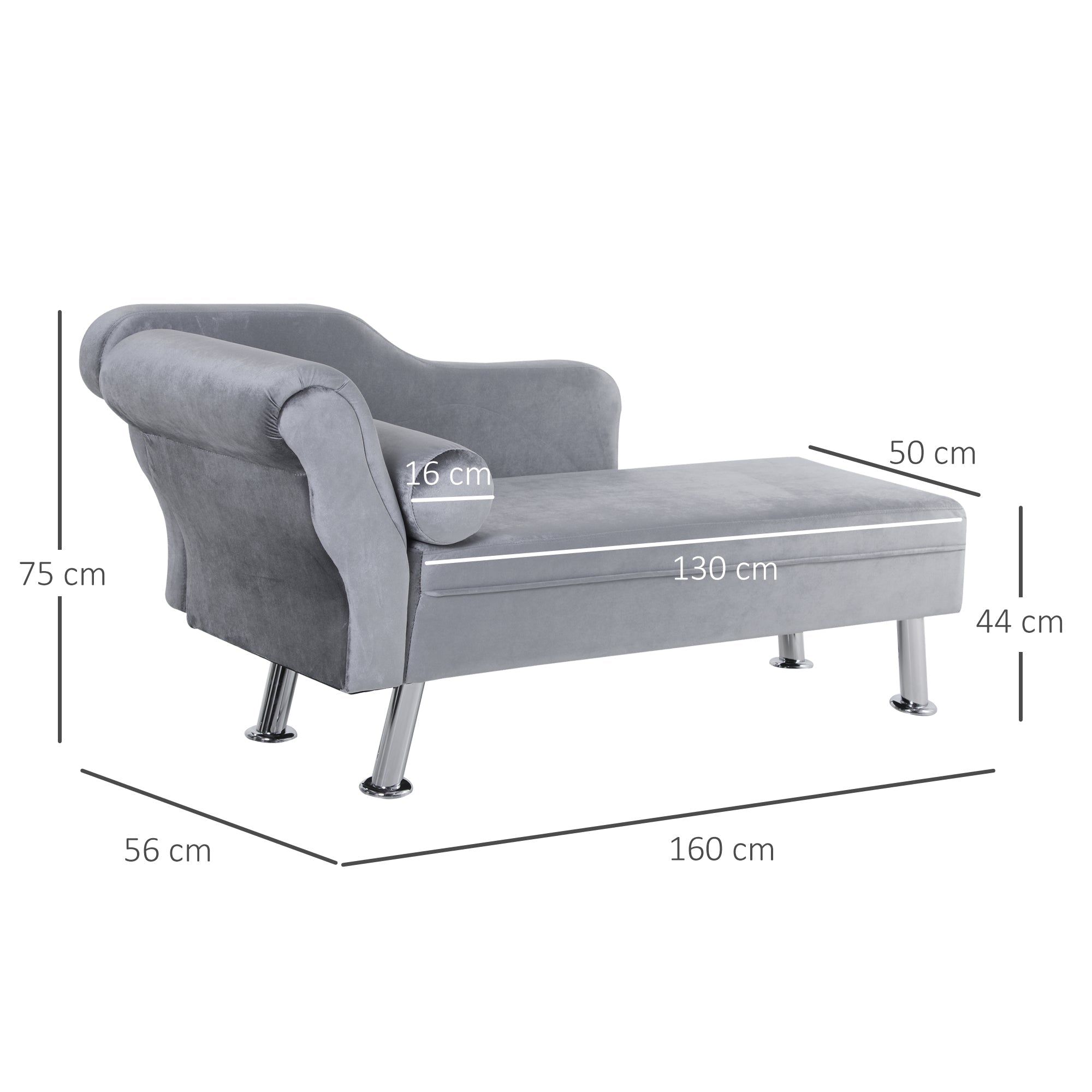 Chaise Longue padded with pillow included in metal and Grey velvet 160x56x75 cm - Borgè