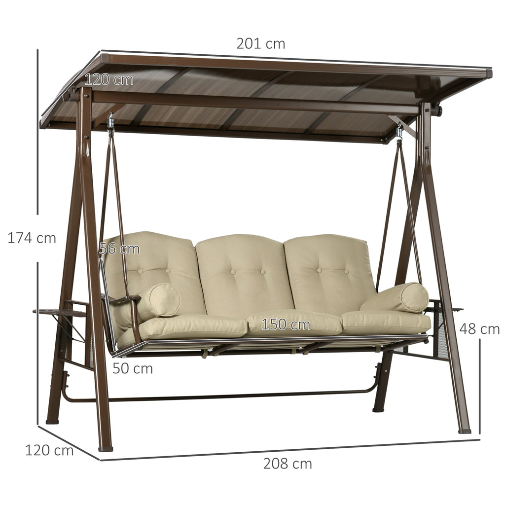 3 Seater Steel Garden Swing with Tilting Canopy and Cushions, 208x120x174 cm - Borge' Group Limited