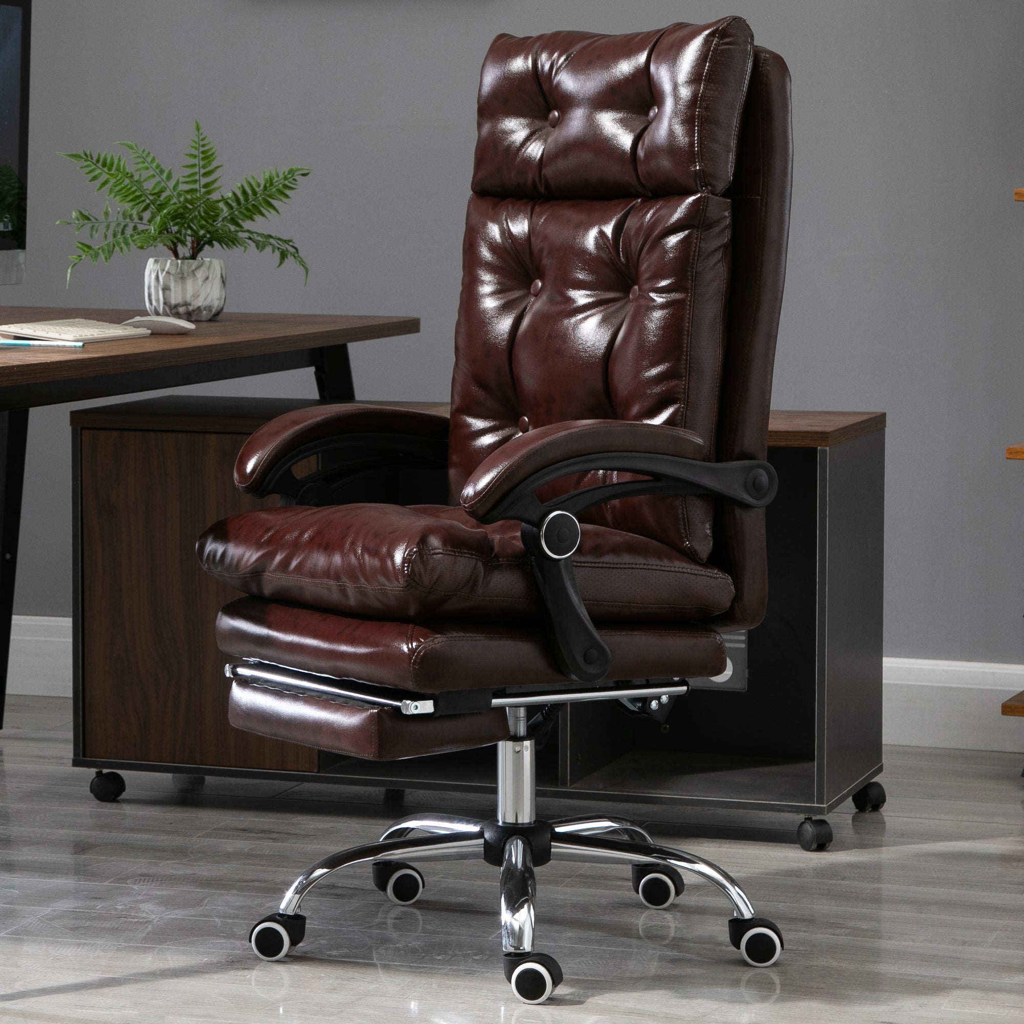 Ergonomic Presidential Faux Leather Office Chair, Swivel Office Chair with Adjustable Height, 135° Reclining and Pull-Out Footrest for Study and Desk, Brown - Borgè