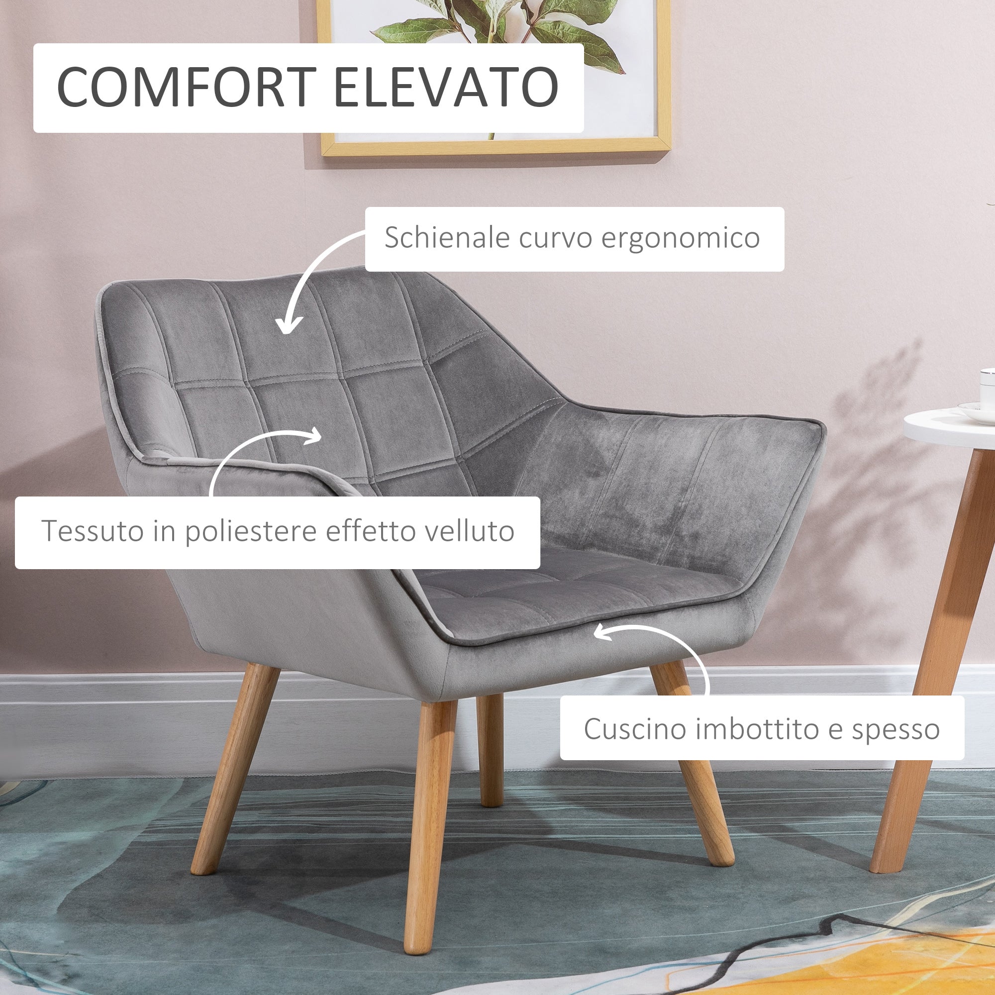 TROMSO | Nordic style armchair in wood and Grey velvet effect for living room or office | 64x62x72.5 cm - Borgè