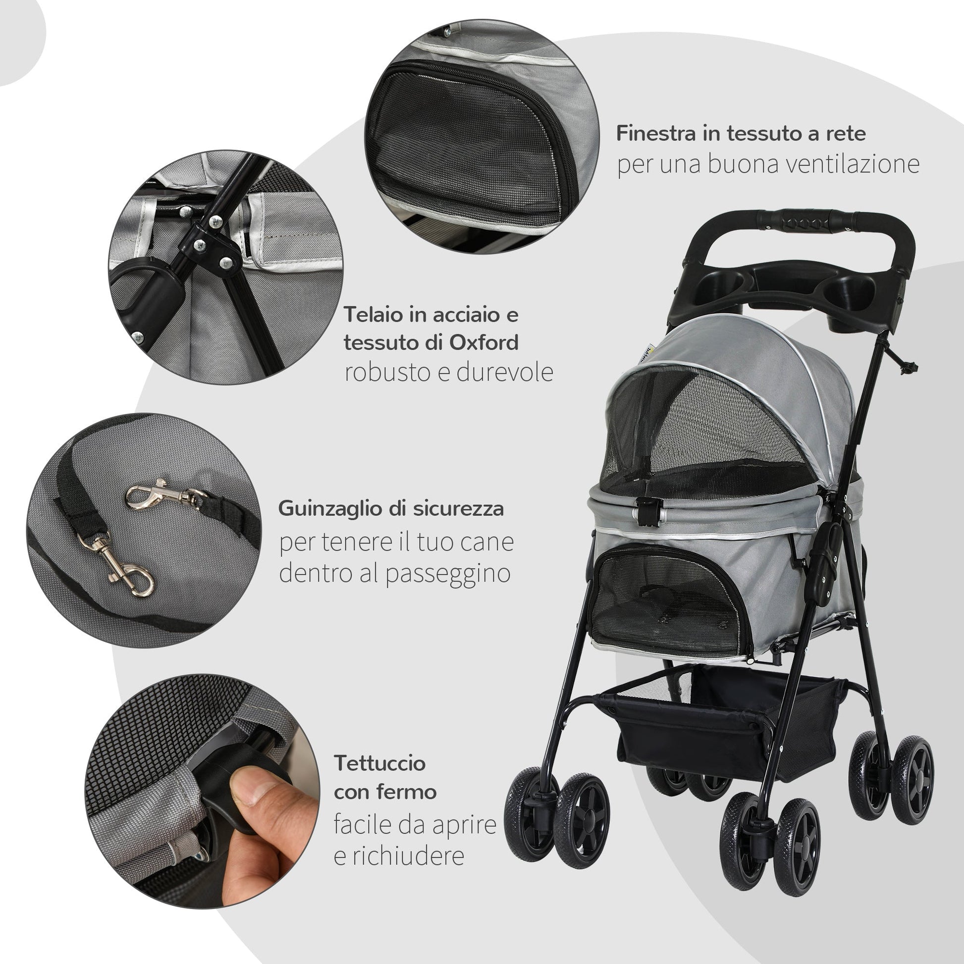 Pawhut Folding dog stroller with safety leash and storage basket, Grey - Borgè