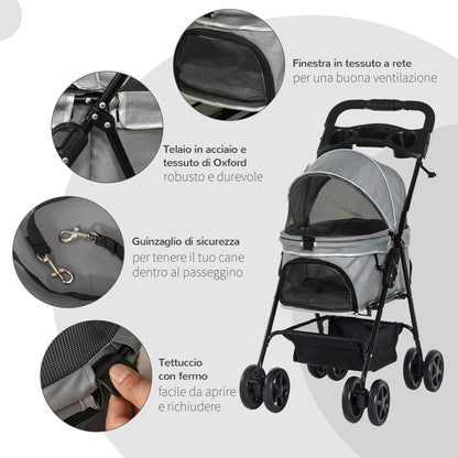 Pawhut Folding dog stroller with safety leash and storage basket, Grey - Borgè