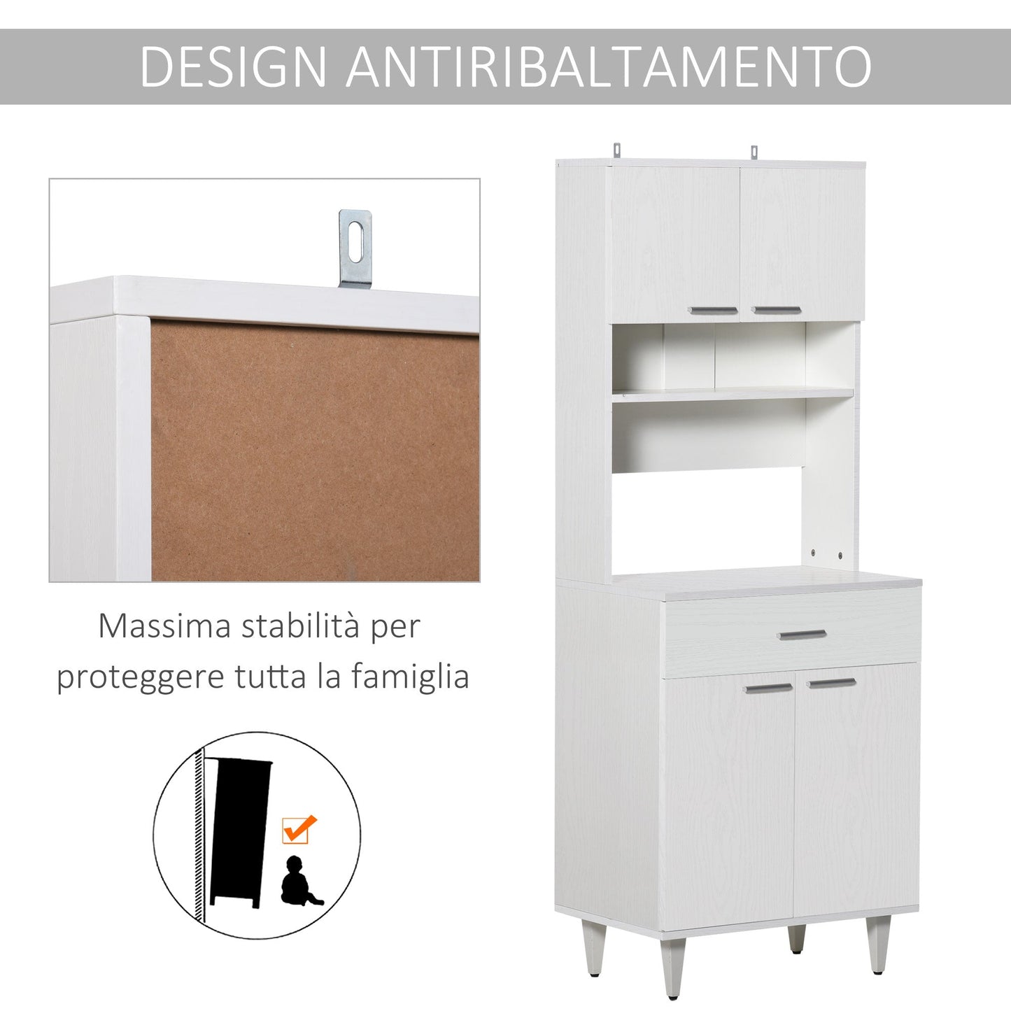 High Kitchen Sideboard, Classic White Wooden Sideboard with 2 Cabinets and 1 Shelf, White, 60x40x160cm - Borgè