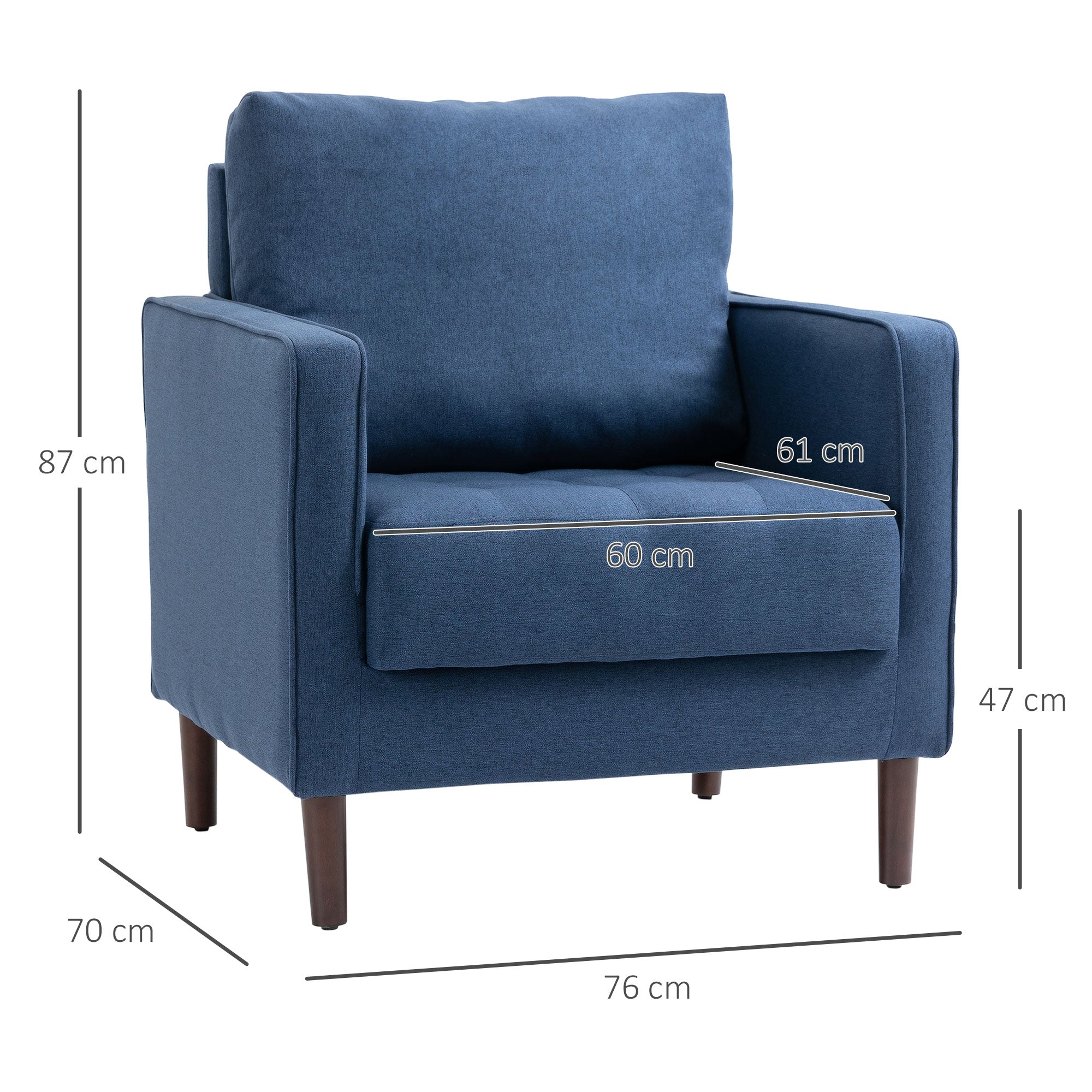 Modern armchair in linen effect fabric, wooden structure and thick padding, 76x70x87cm, blue - Borgè