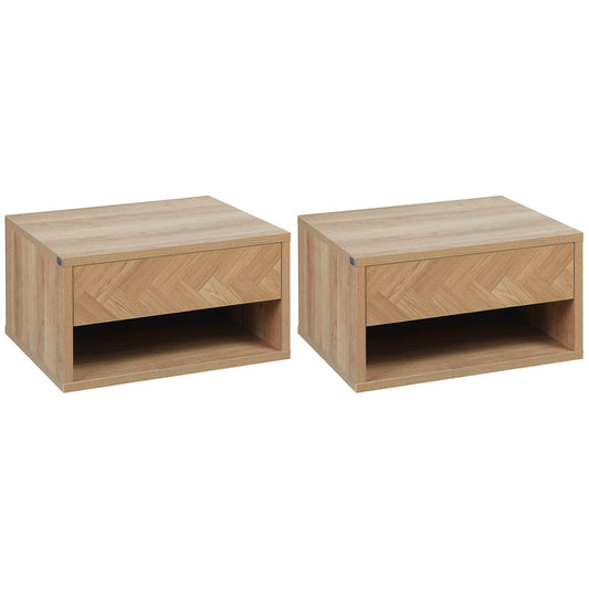 Set 2 modern bedside tables suspended with drawer and wooden shelf 37x32x21cm, natural color - Borgè