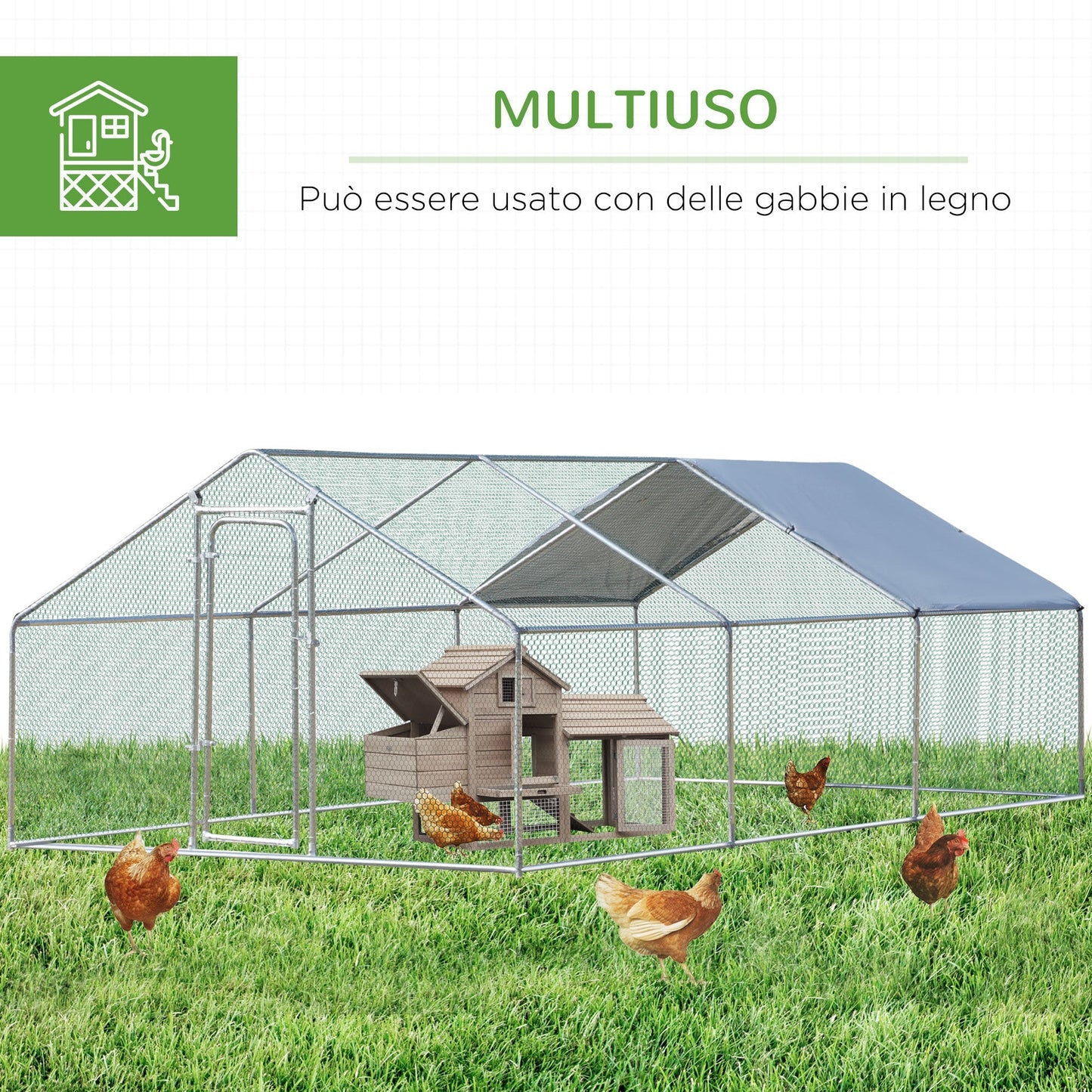 Pawhut Pollaio for Outdoor Chickens in metal with Oxford fabric cover, 600x303.5x195 cm, silver - Borgè