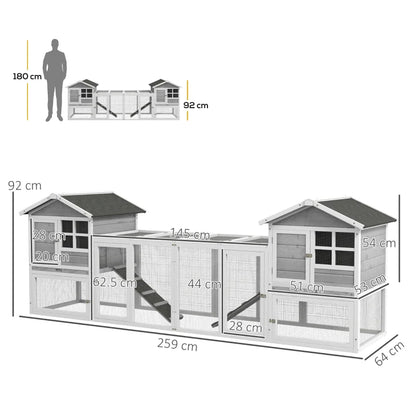 Outdoor Chicken wooden bun with 2 houses and open area fenced with doors and ramps, 259x64x92 cm, gray - Borgè