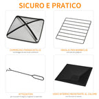 SIENA | Garden Fire Pit with Lid Spark Guard and Metal BBQ Grill 76x76x47cm Black - Borge' Group Limited