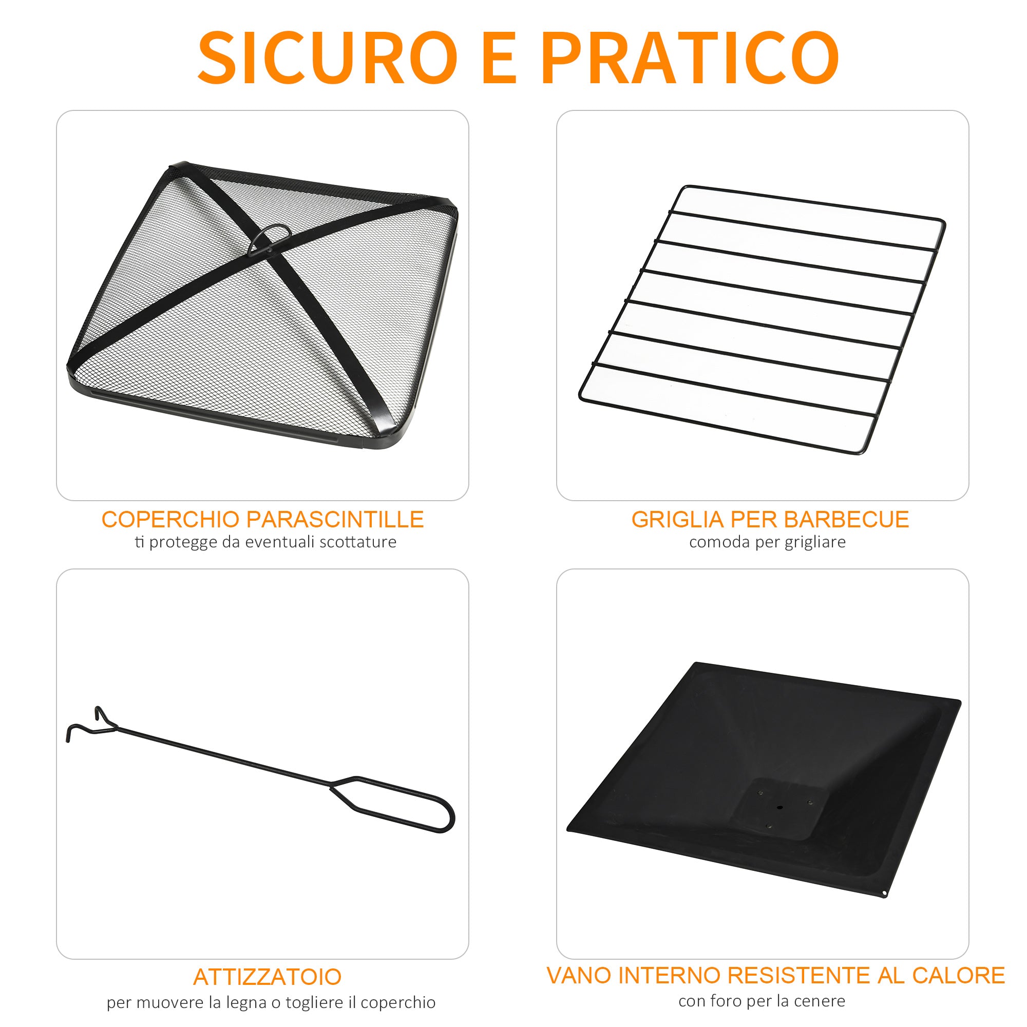 SIENA | Garden Fire Pit with Lid Spark Guard and Metal BBQ Grill 76x76x47cm Black - Borge' Group Limited