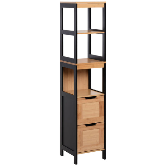 Kleankin Bathroom column with 2 drawers and 3 open rooms in MDF wood and bamboo 30x30x144.3 cm - Borgè