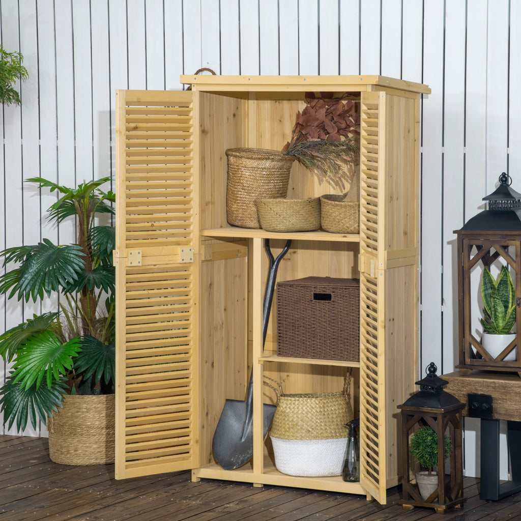 Fir and Pine Wood Garden Tool Shed with 4 Compartments, Outdoor Garden Tool Cabinet with Waterproof Roof, 87x46.5x160cm, Wood Color - Borge' Group Limited