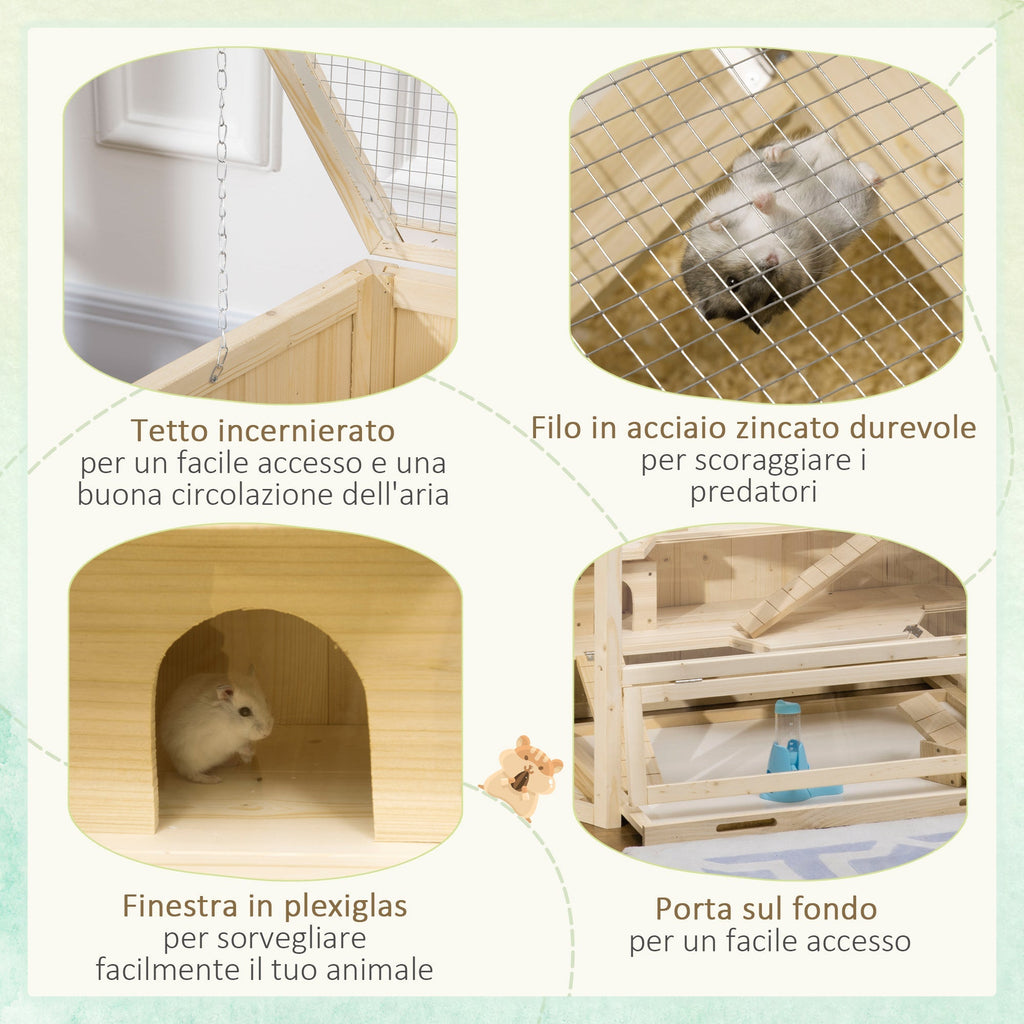 3-Tier Wooden Hamster House with Opening Roof and Transparent Wall, 115x60x55cm - Borge' Group Limited