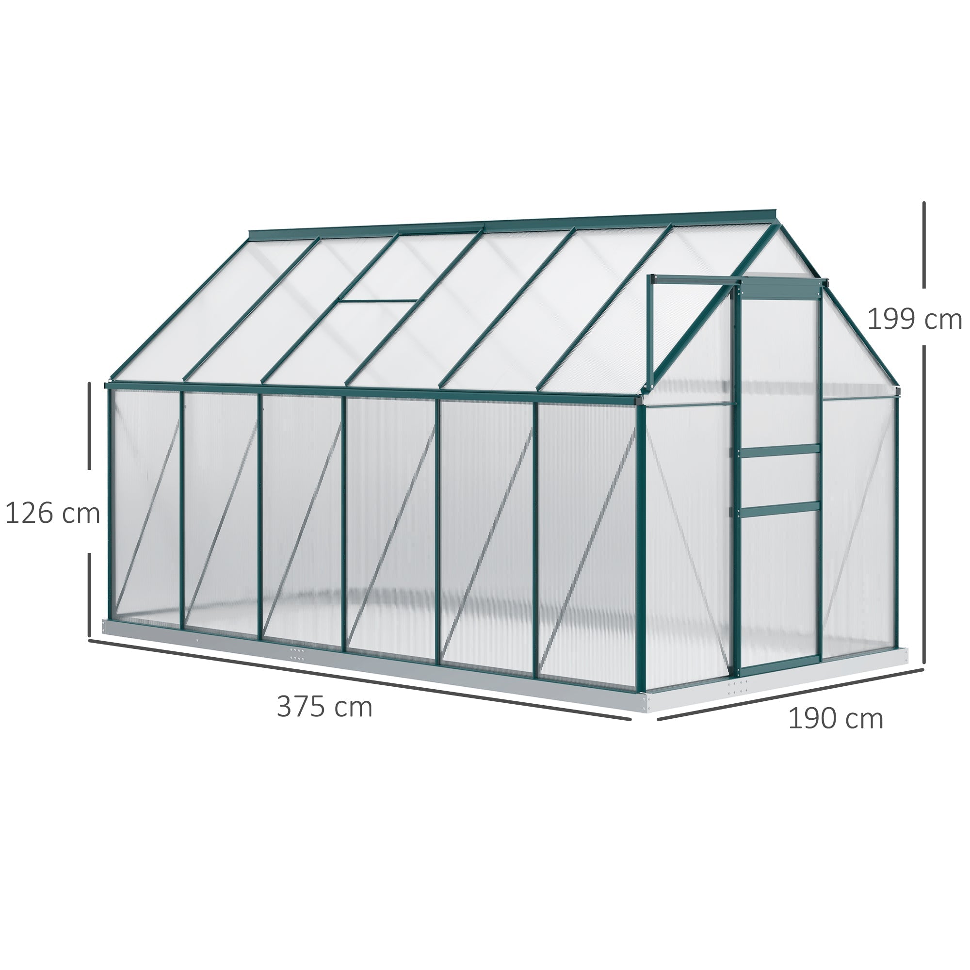 Polycarbonate Garden Greenhouse 190x375x199cm, with Opening Window and Sliding Door, Aluminum Frame, Green - Borge' Group Limited