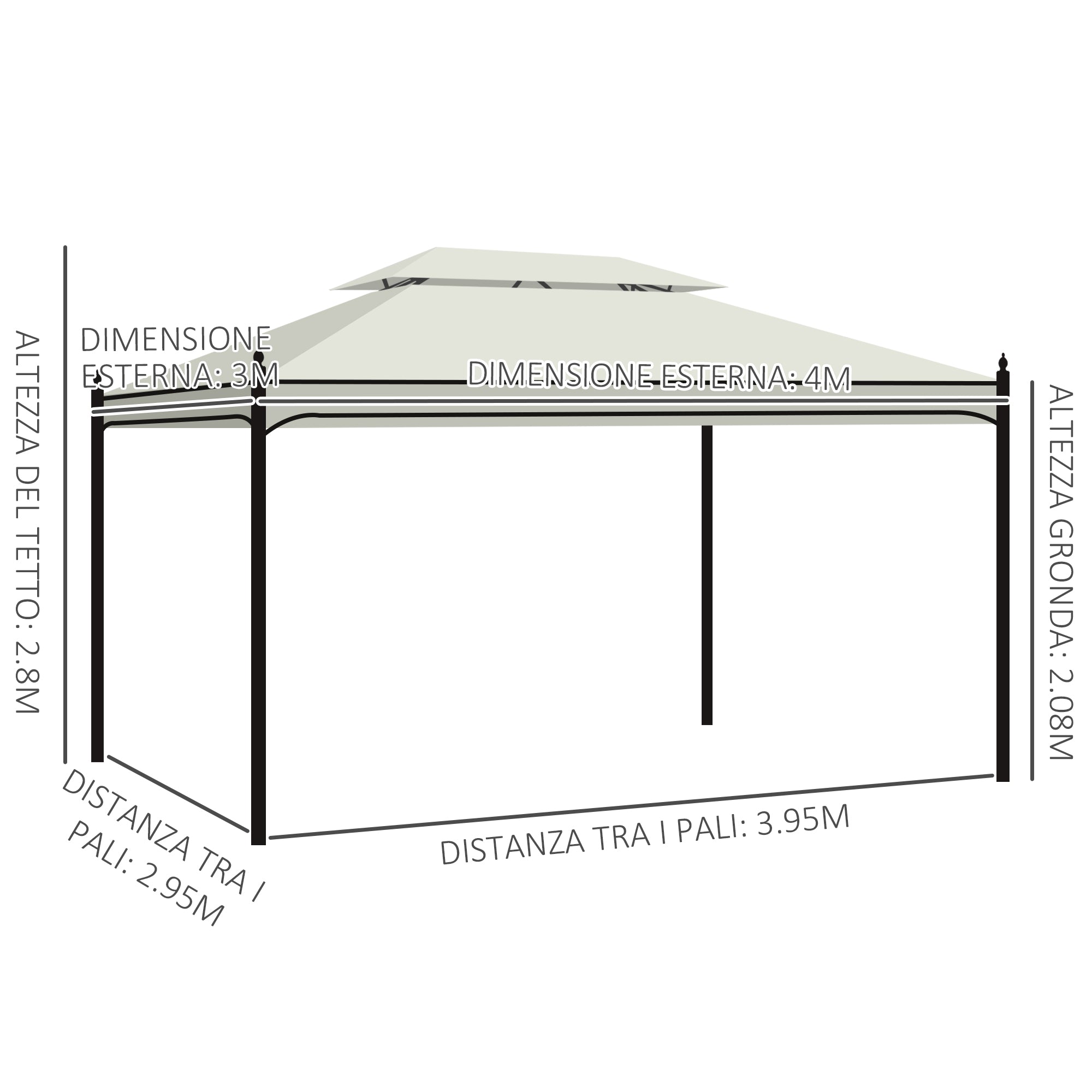 3x4m Steel Garden Gazebo with Double Roof and 4 Side Awnings, Cream - Borge' Group Limited
