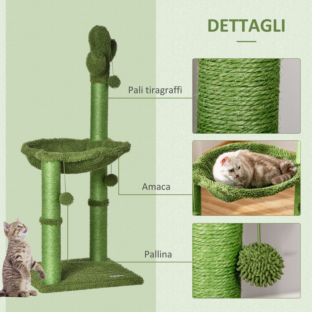 Cat Tree for cats with Scratch Pole up to 4.5kg in the shape of cactus with balls and Bed, 60x35x78cm - green - Borge' Group Limited