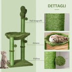 Cat Tree for cats with Scratch Pole up to 4.5kg in the shape of cactus with balls and Bed, 60x35x78cm - green - Borge' Group Limited