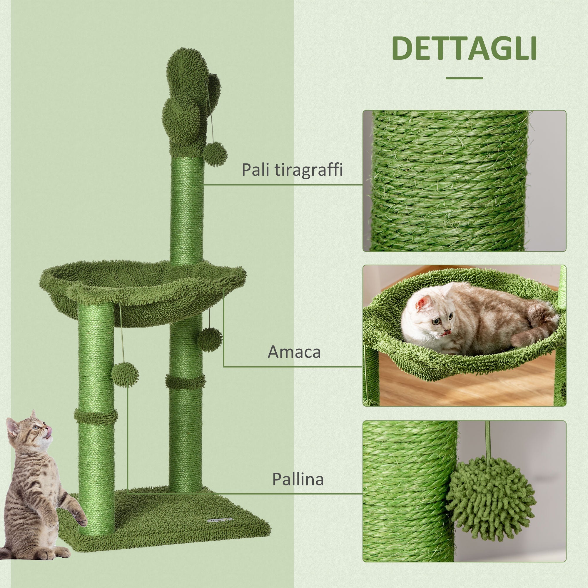 Cat Tree for cats with Scratch Pole up to 4.5kg in the shape of cactus with balls and Bed, 60x35x78cm - green - Borge' Group Limited
