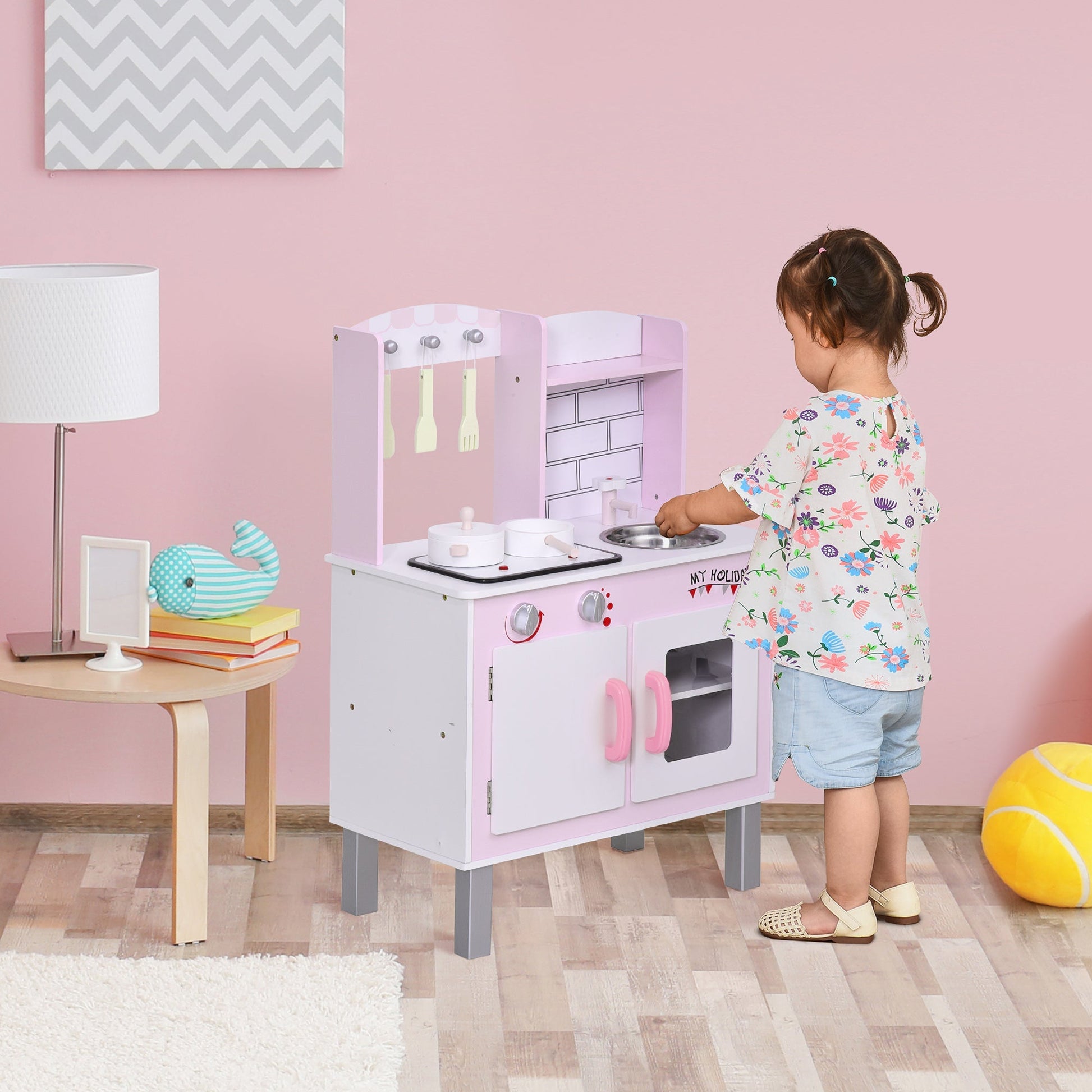 Kitchen for children 3+ years with 5 accessories included, game with realistic sounds, locker, 55x30x80cm, pink - Borgè