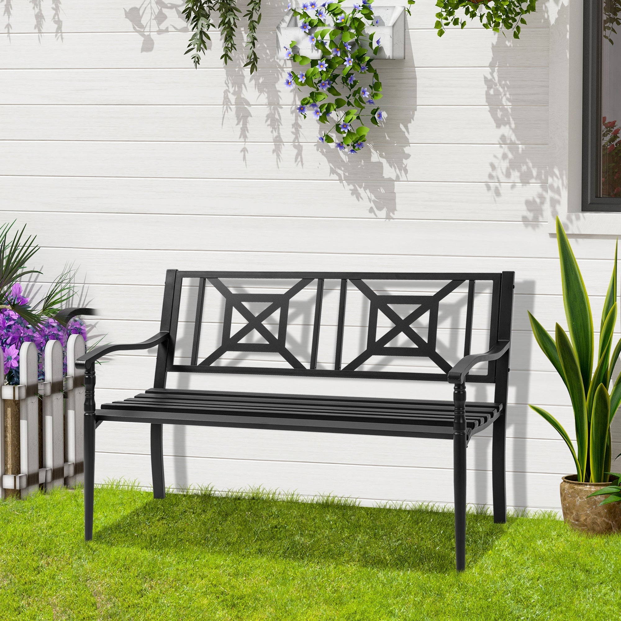 Black Steel Garden Bench for 2 Persons with High Backrest and Armrests, 128x62. 5x81. 5 cm - Borge' Group Limited