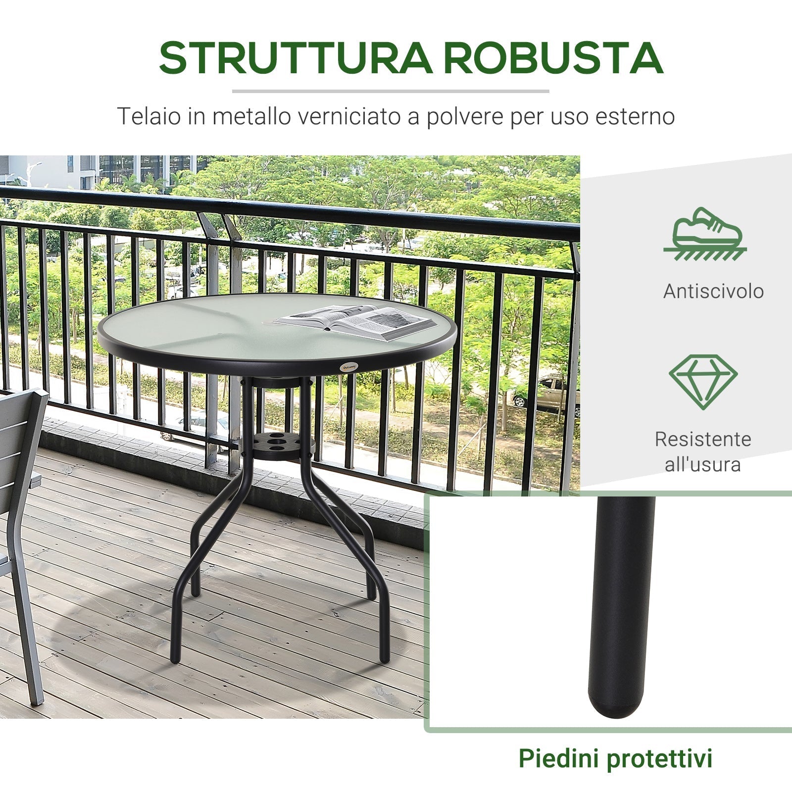 Outsunny garden table with tempered glass top and hole for steel umbrella ф80 x 72 cm black - Borgè