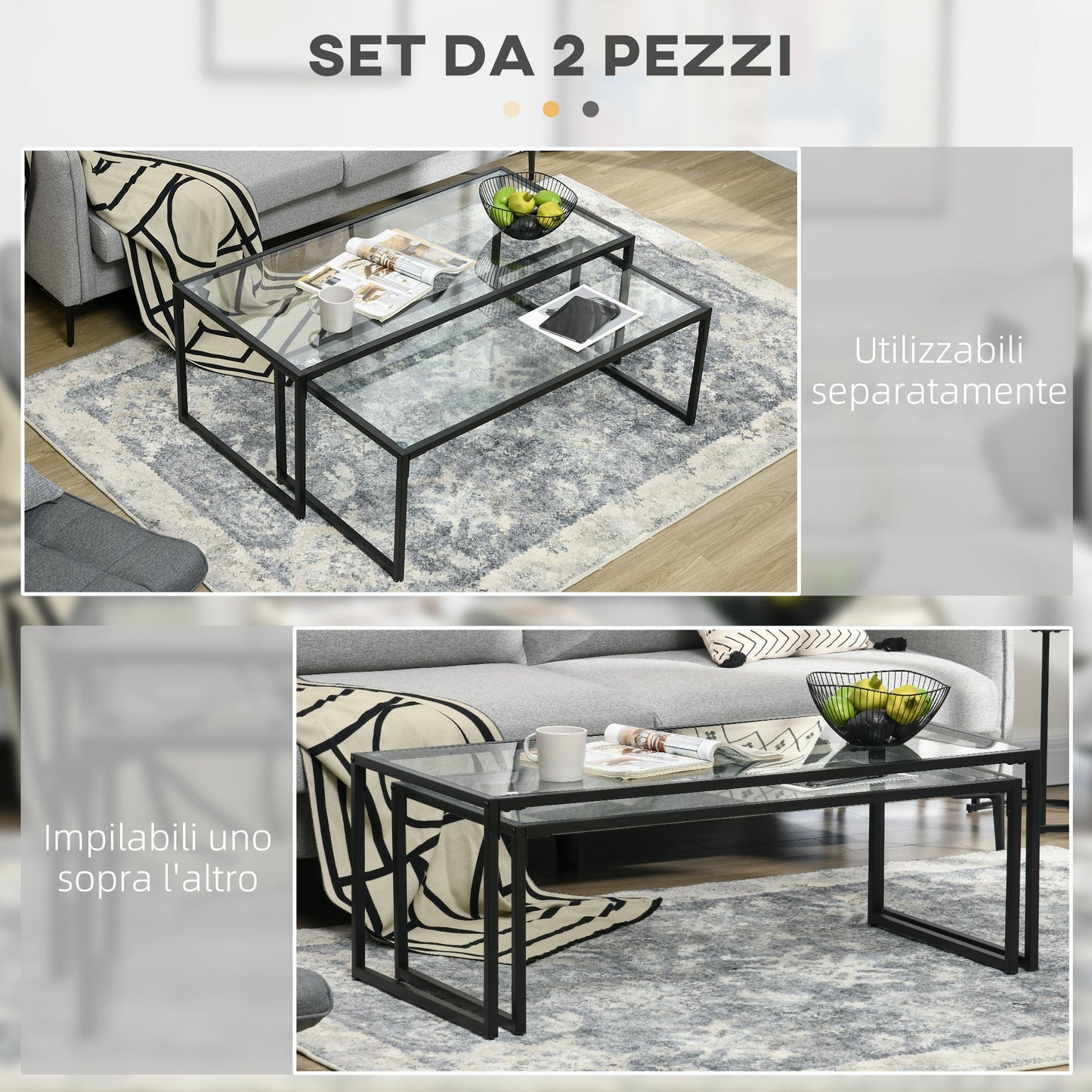 Coffee tables stackable in tempered glass and steel with Black Frame for living room - Borgè