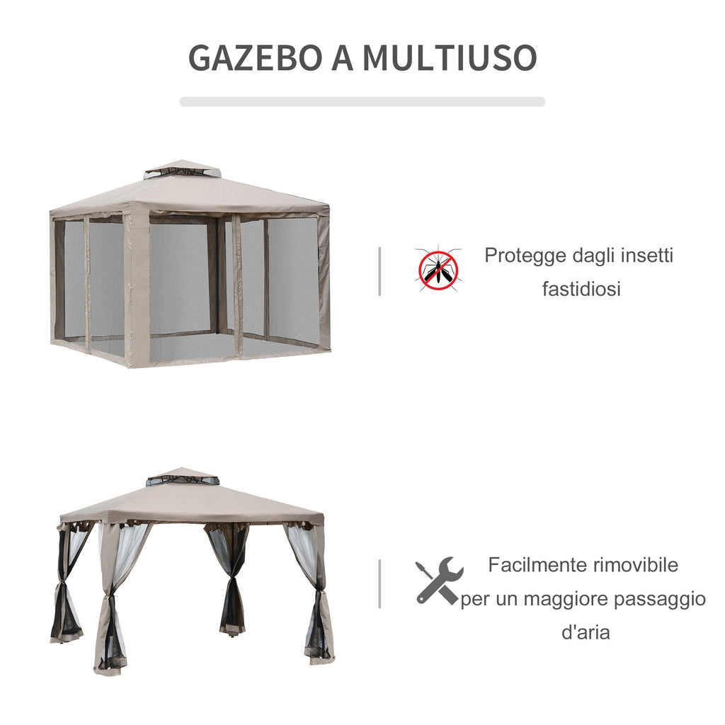 3x3m Garden Gazebo with Mosquito Net, Metal Frame and Polyester Cover, Taupe - Borge' Group Limited