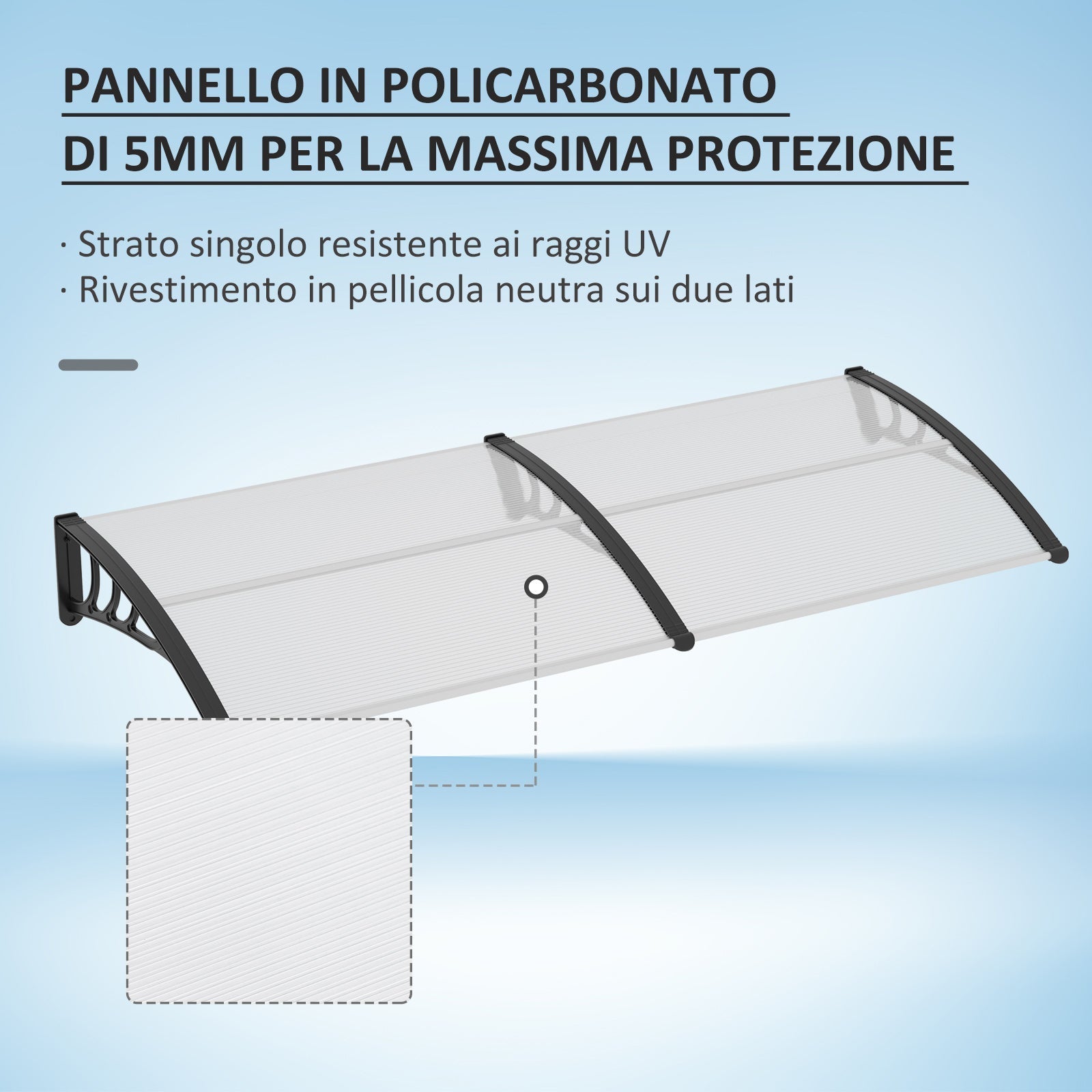 Outdoor Canopy Shelter 195x75cm in Polycarbonate and Aluminum for Balcony Windows and Doors, Transparent - Borge' Group Limited