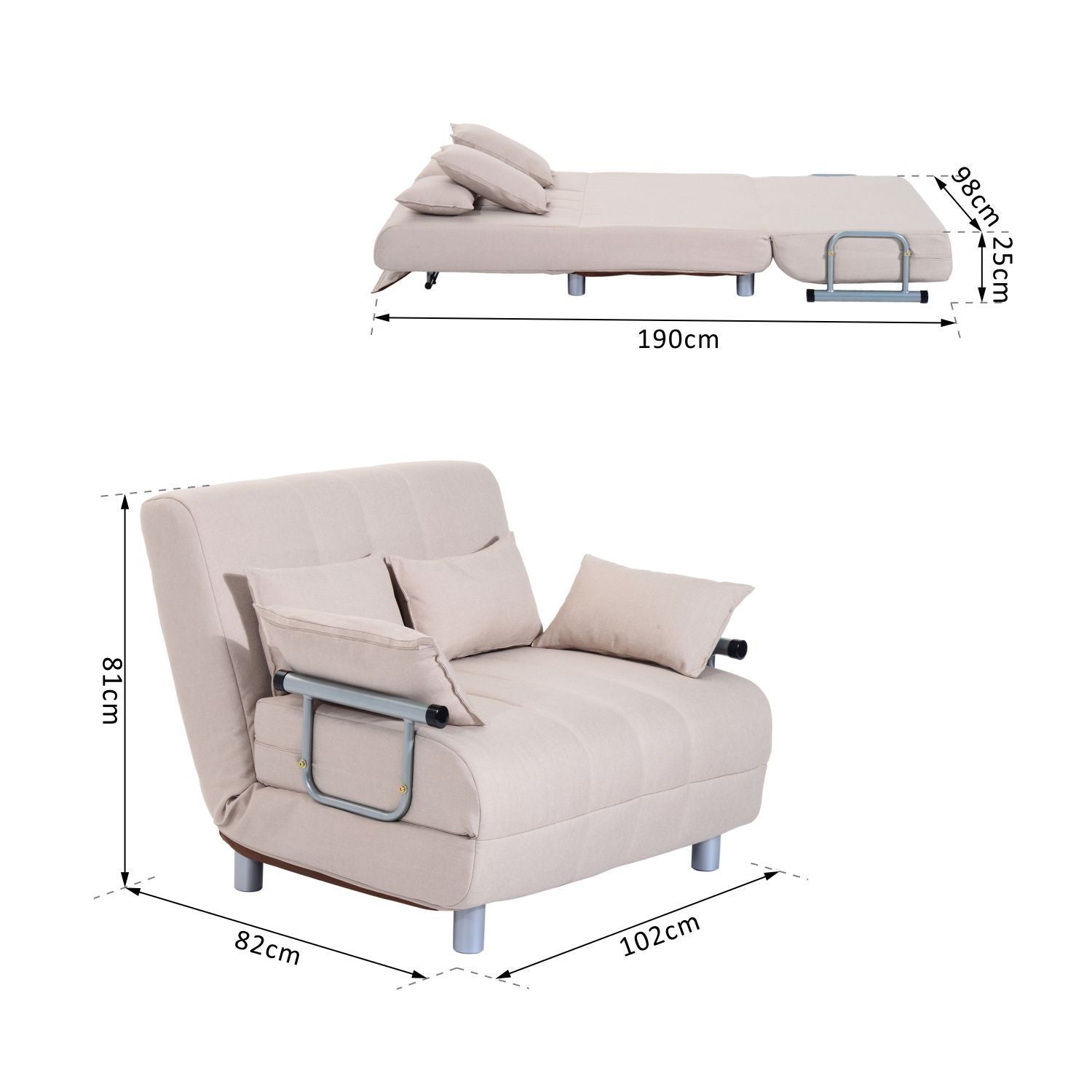 Homcom sofa bed 2 beds 1 square Â½ in steel and fabric with 4 cream cushions - Borgè