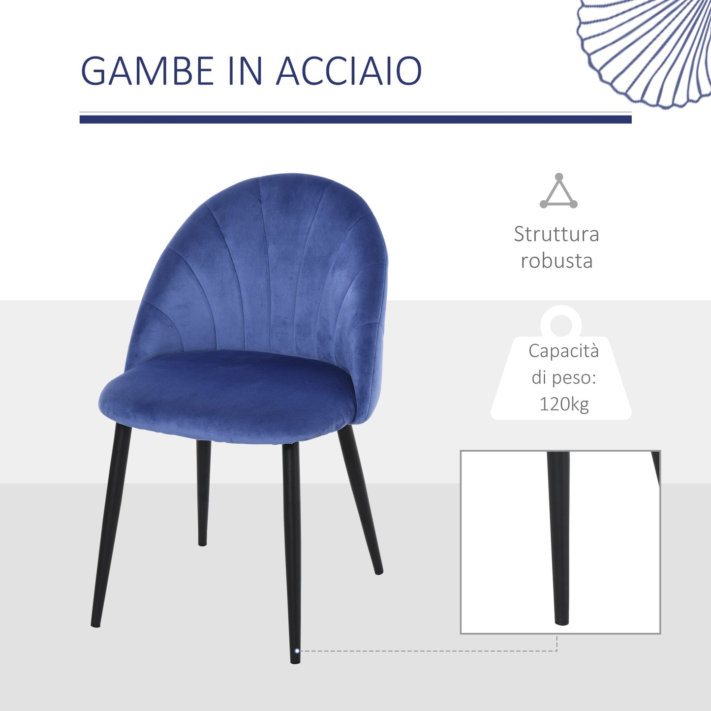 Set 2 chairs of dining room and living room padded, Nordic and ergonomic design in metal and blue velvet, 52x54x79 cm - Borgè