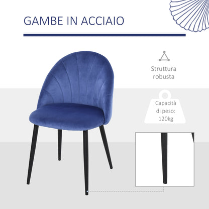 Set 2 chairs of dining room and living room padded, Nordic and ergonomic design in metal and blue velvet, 52x54x79 cm - Borgè