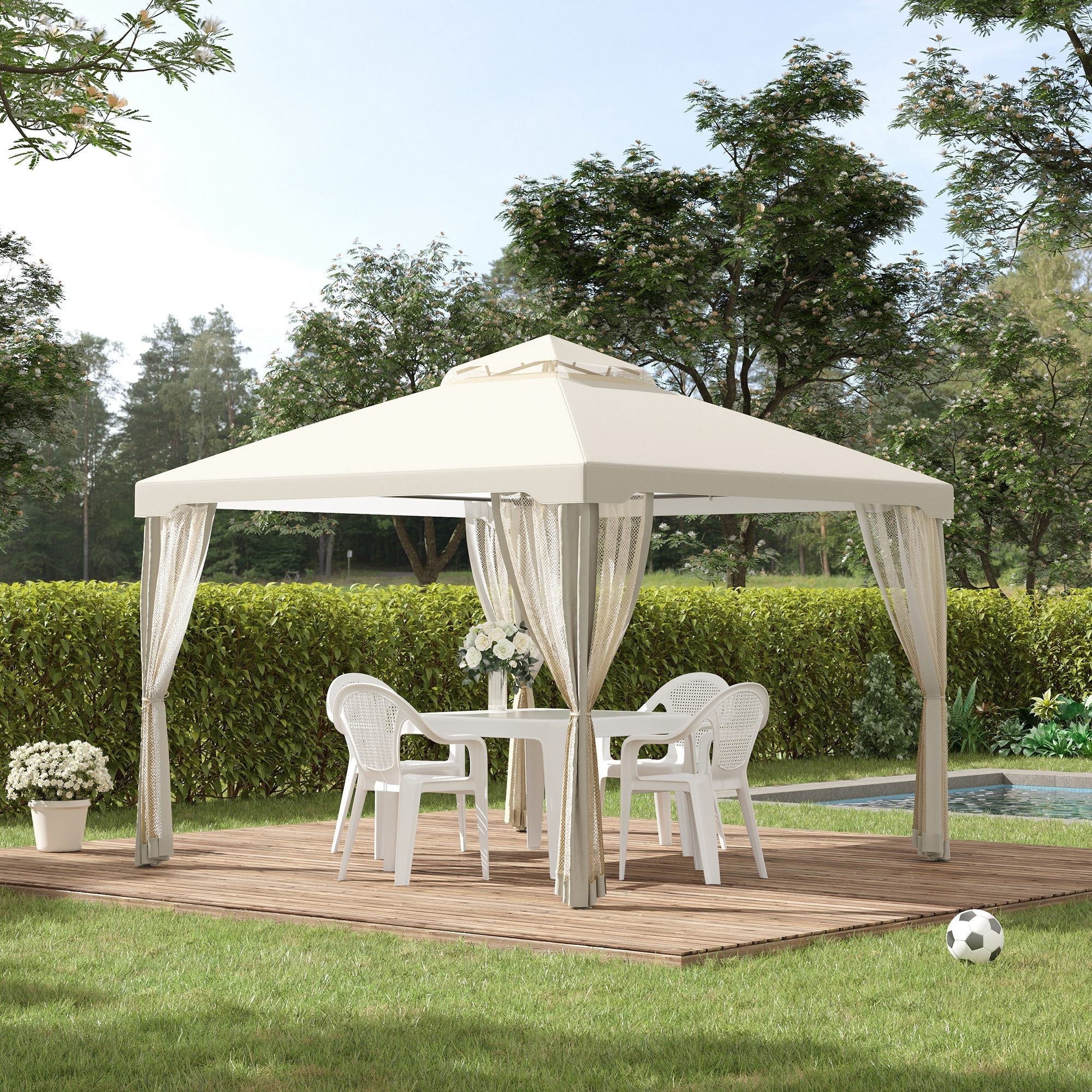 3x3m Garden Gazebo with Mosquito Net, Metal Frame and Polyester Cover, Beige - Borge' Group Limited