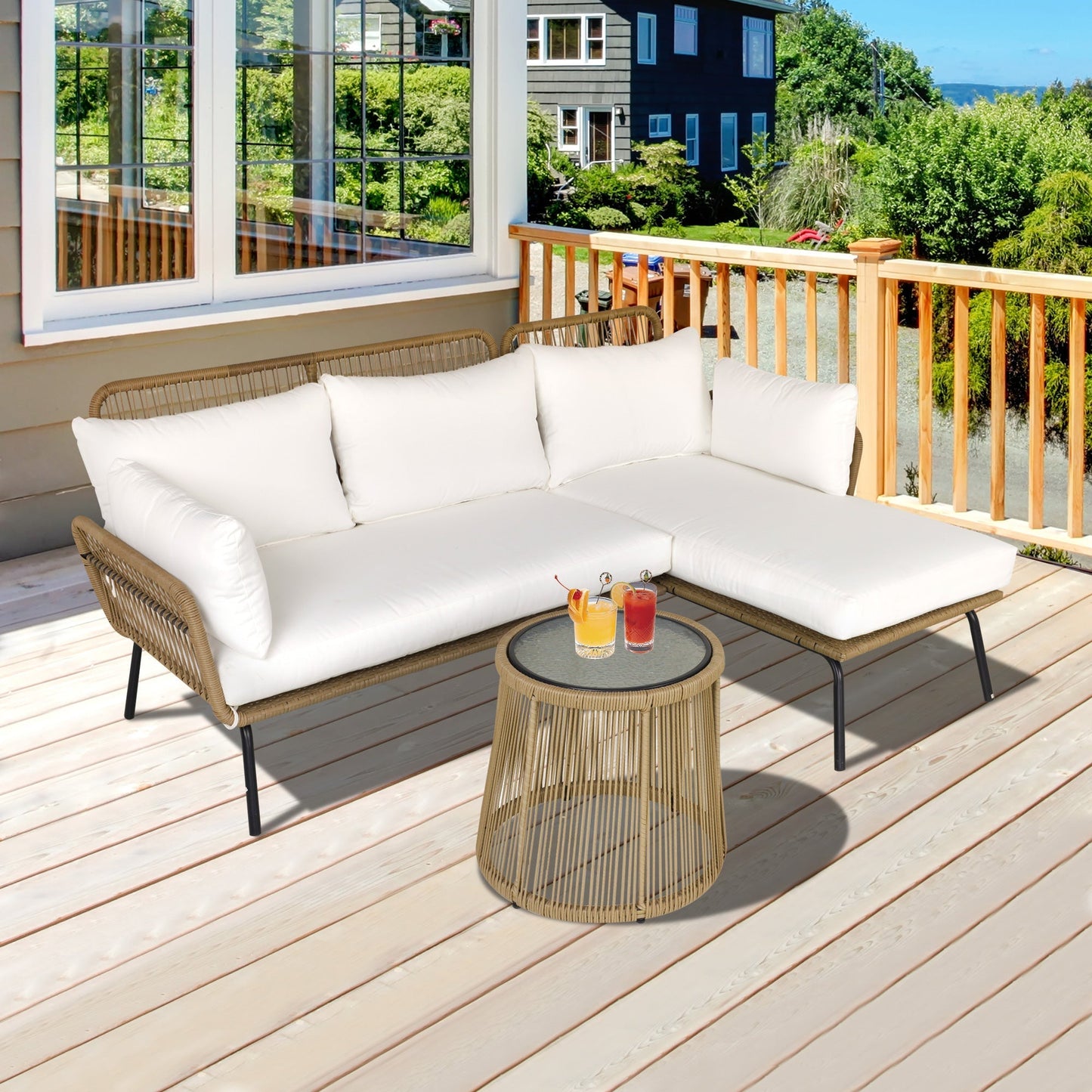 SUMMERLOVIN' | Rattan Beige Garden Table and L-Shaped Sofa - Borgè