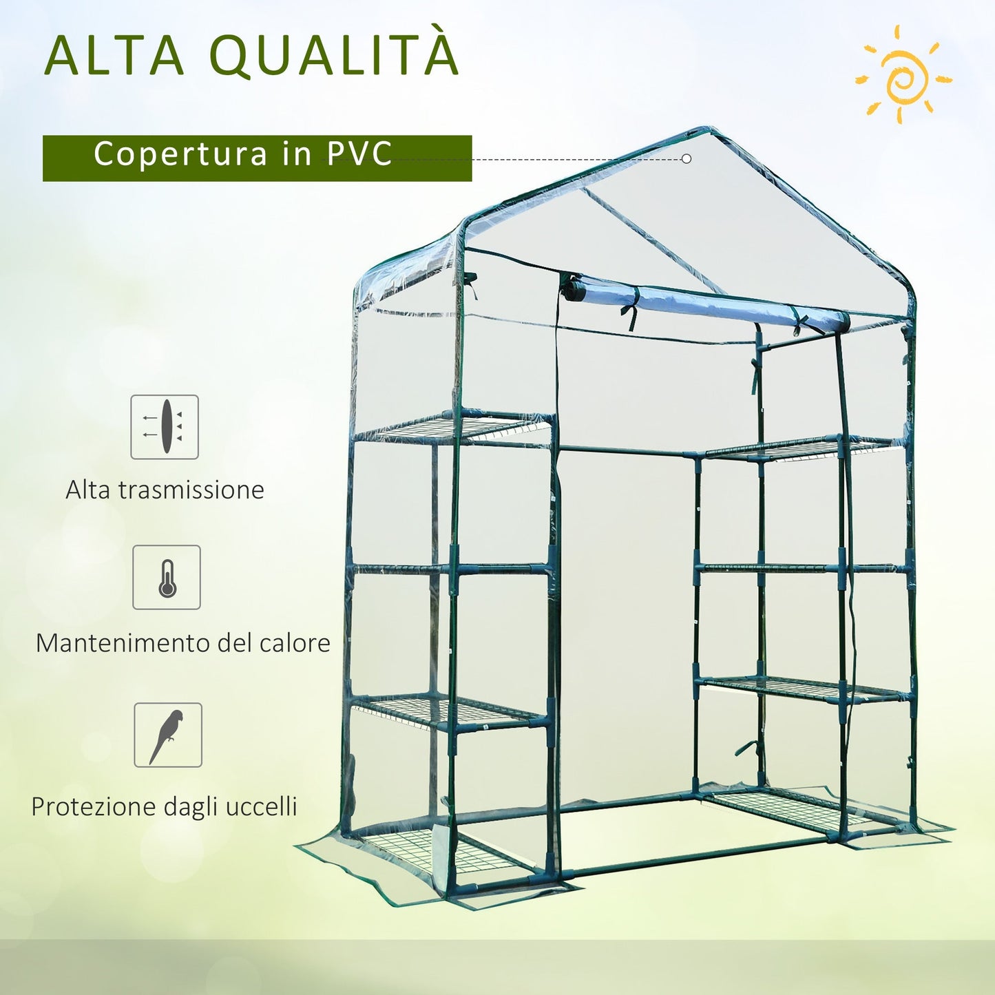 Outsunny Garden greenhouse in steel and transparent PVC with roller shit, 143x73x195 cm, green - Borgè