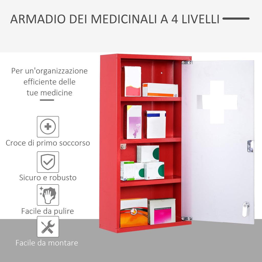 CASTETTA DATE MEDICINE medicinal locker 4 levels glass door 60 × 30 × 12cm red - Borgè