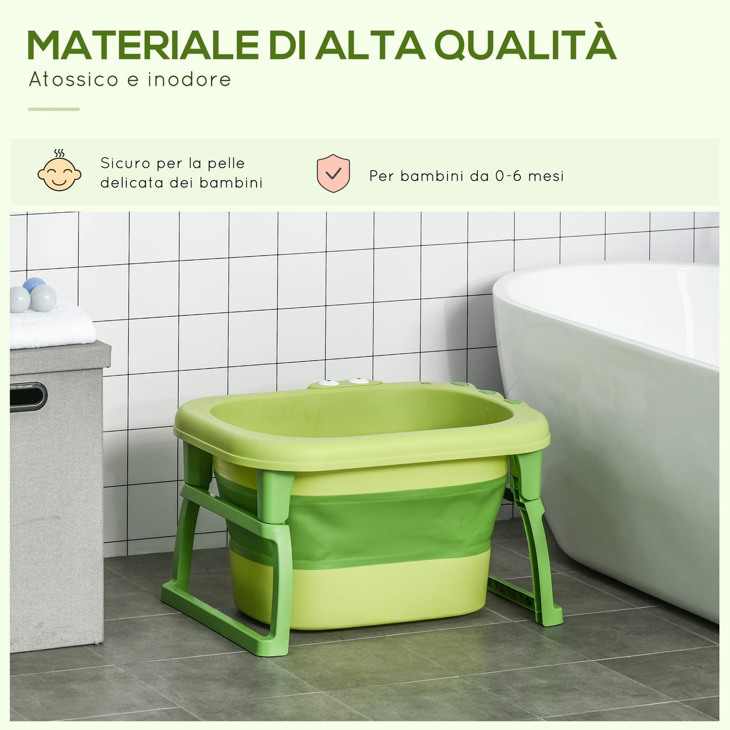 Folding bath tray for babies and children of 0-6 years, in non-slip plastic, green, 75.3x55.4x43cm