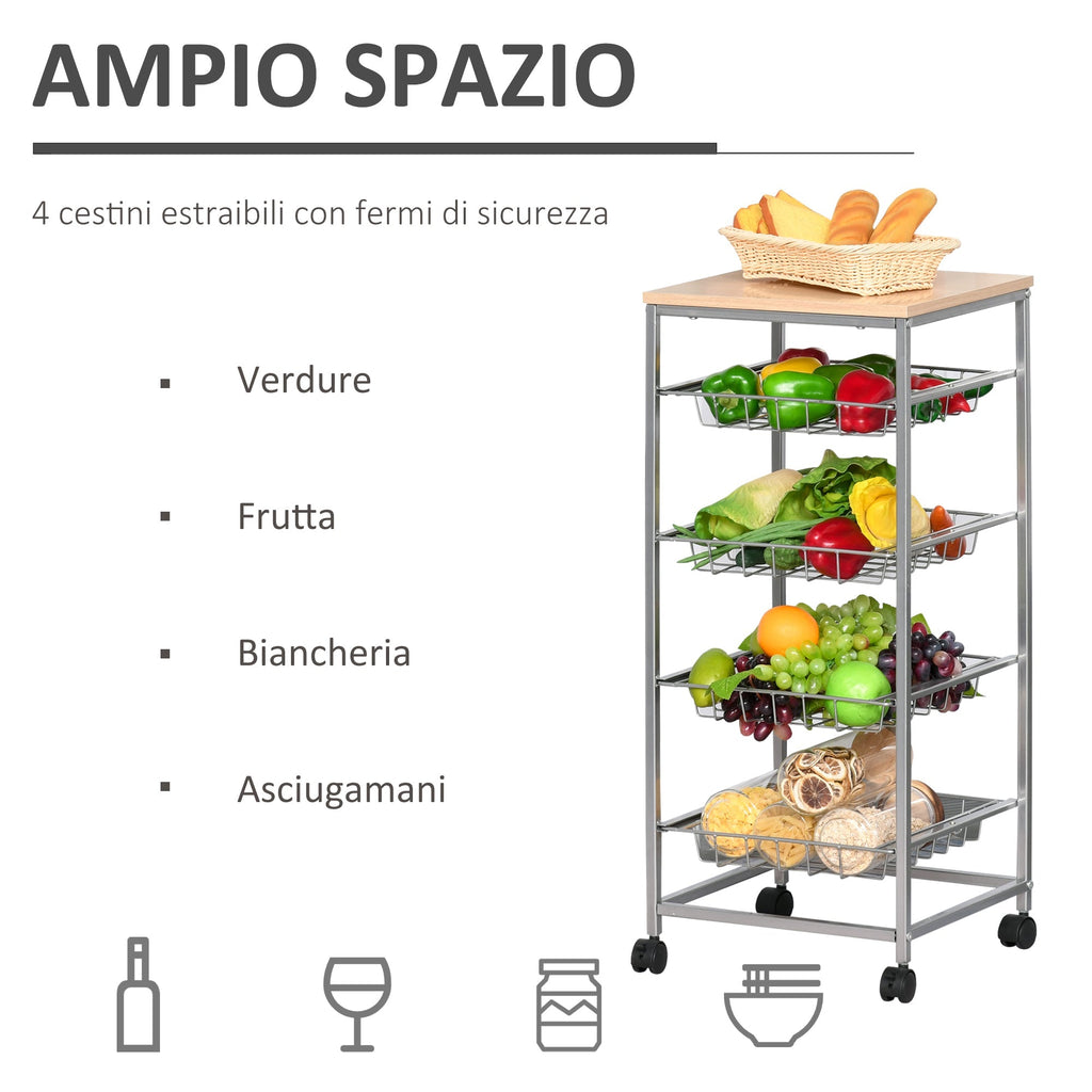 Kitchen Cart with removable steel and wheels, 36.5x36.5x89cm - Borgè