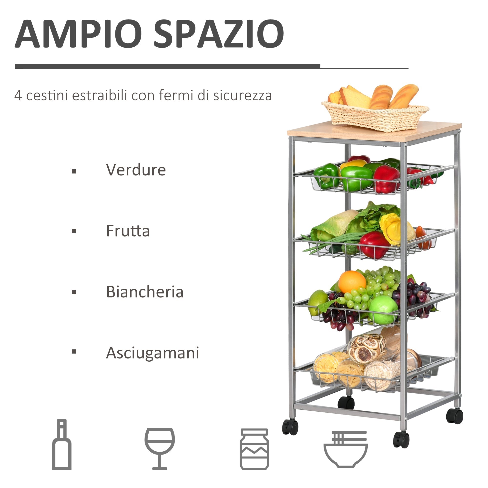 Kitchen Cart with removable steel and wheels, 36.5x36.5x89cm - Borgè