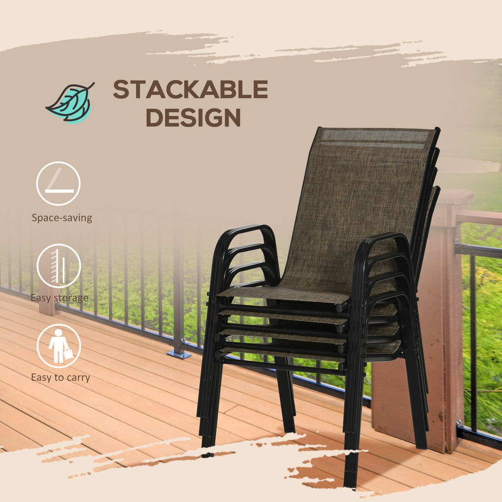 Garden Chairs Set of 4, Stackable Outdoor Chairs in Metal and Breathable Fabric, Brown - Borge' Group Limited