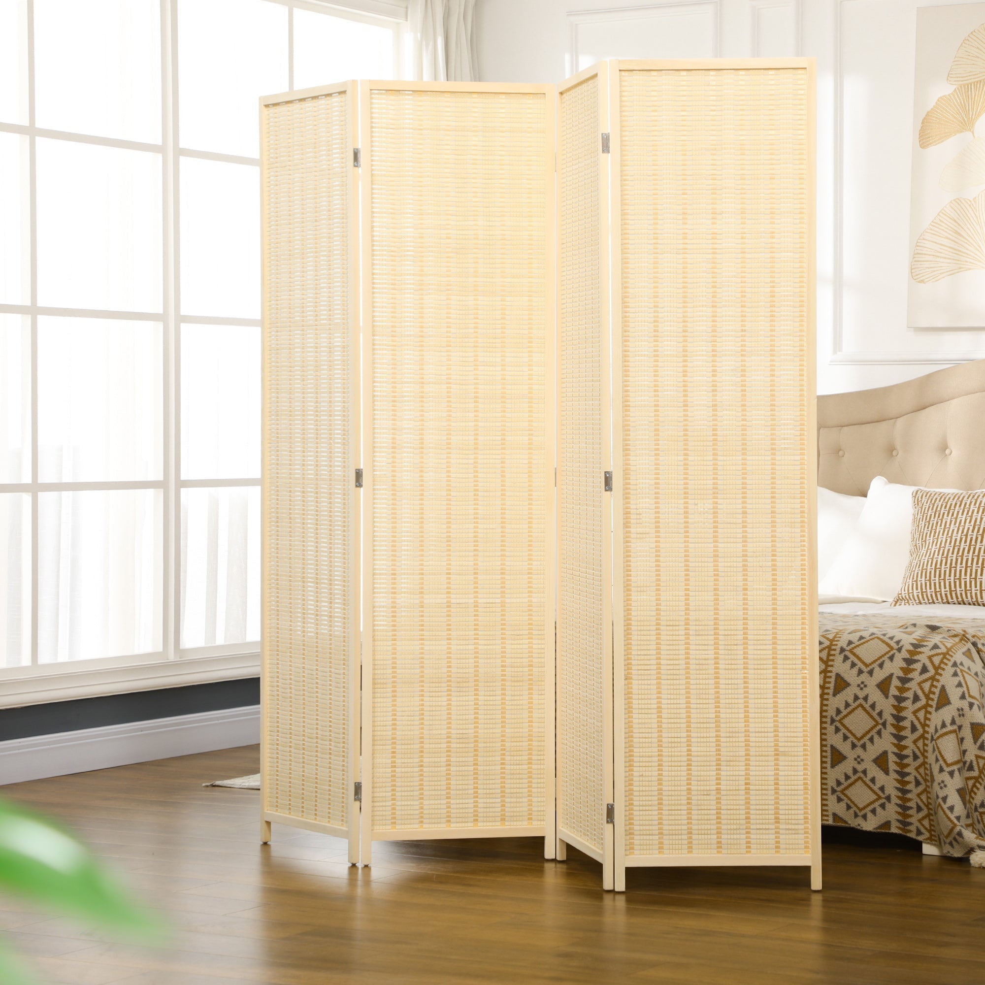 Indoor 4-Panel Folding Indoor Screen Height 180cm, Wood and Bamboo Boho Style, Natural Colour - Borgè