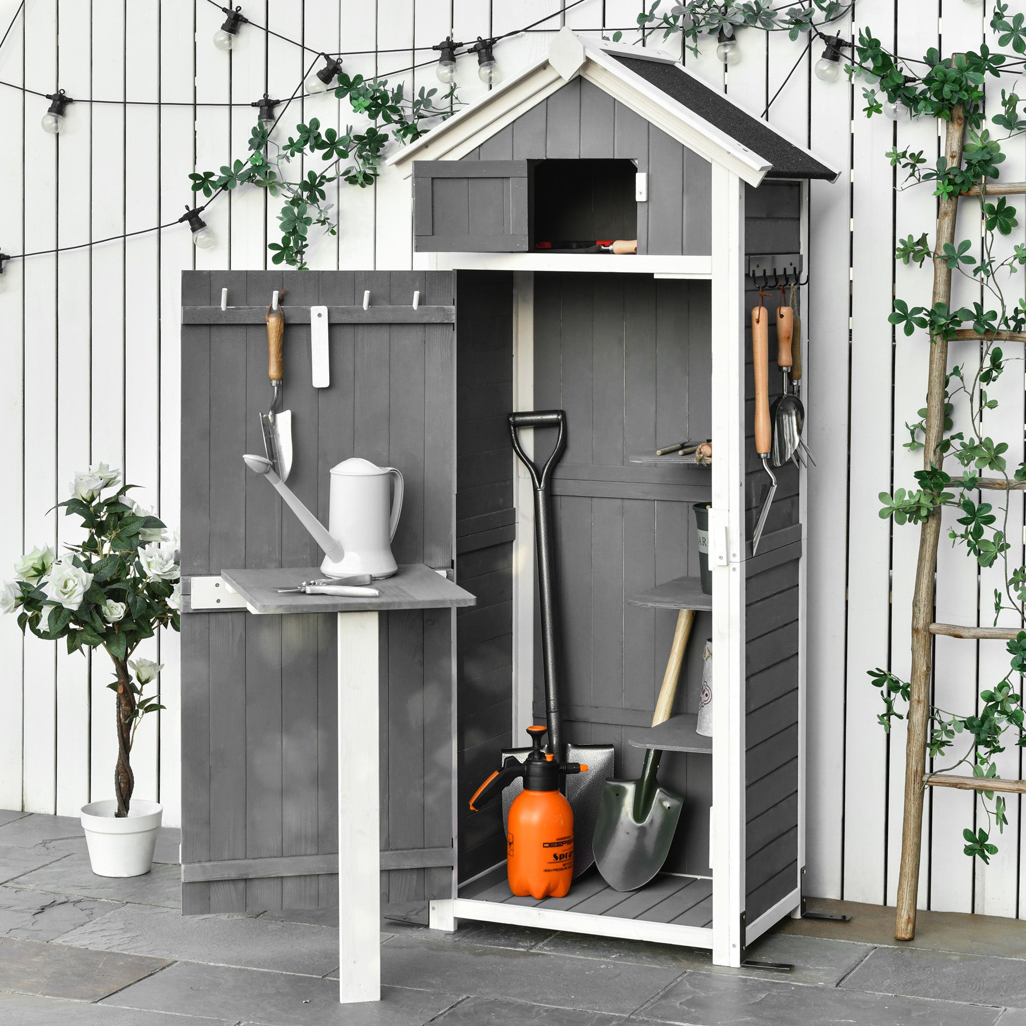 Garden Shed Fir Tool Storage with Removable Shelf and Work Table, 78x52.5x182 cm, Grey - Borge' Group Limited