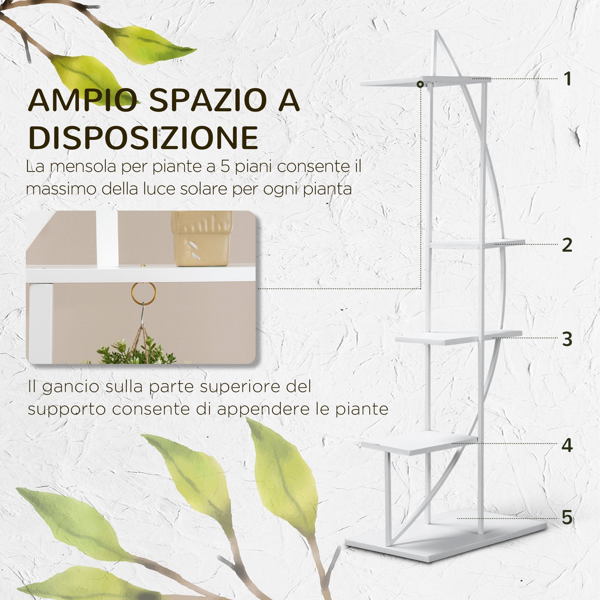 5-Tier Crescent-Shaped Indoor/Outdoor MDF and Steel Flower Stand, 50x30x160cm, White - Borge' Group Limited